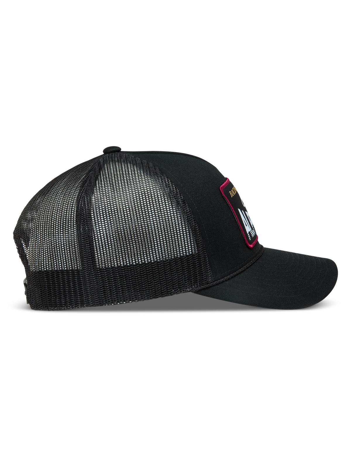 Alpinestars Hemmings Trucker Hat, sort trucker cap set fra siden med twill-front og åndbar poly-mesh-bagside.