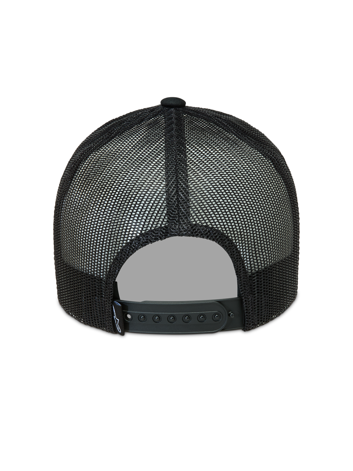 Alpinestars Hemmings Trucker cap, sort kasket med åndbare mesh-paneler og justerbar snapback-lukning, set bagfra.