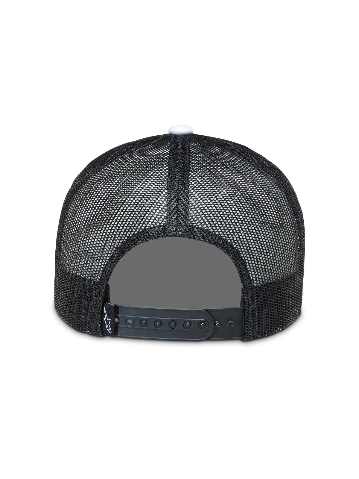 Alpinestars Gravel Trucker Hat, sort trucker cap set bagfra med åndbart poly mesh og justerbar snapback-lukning.