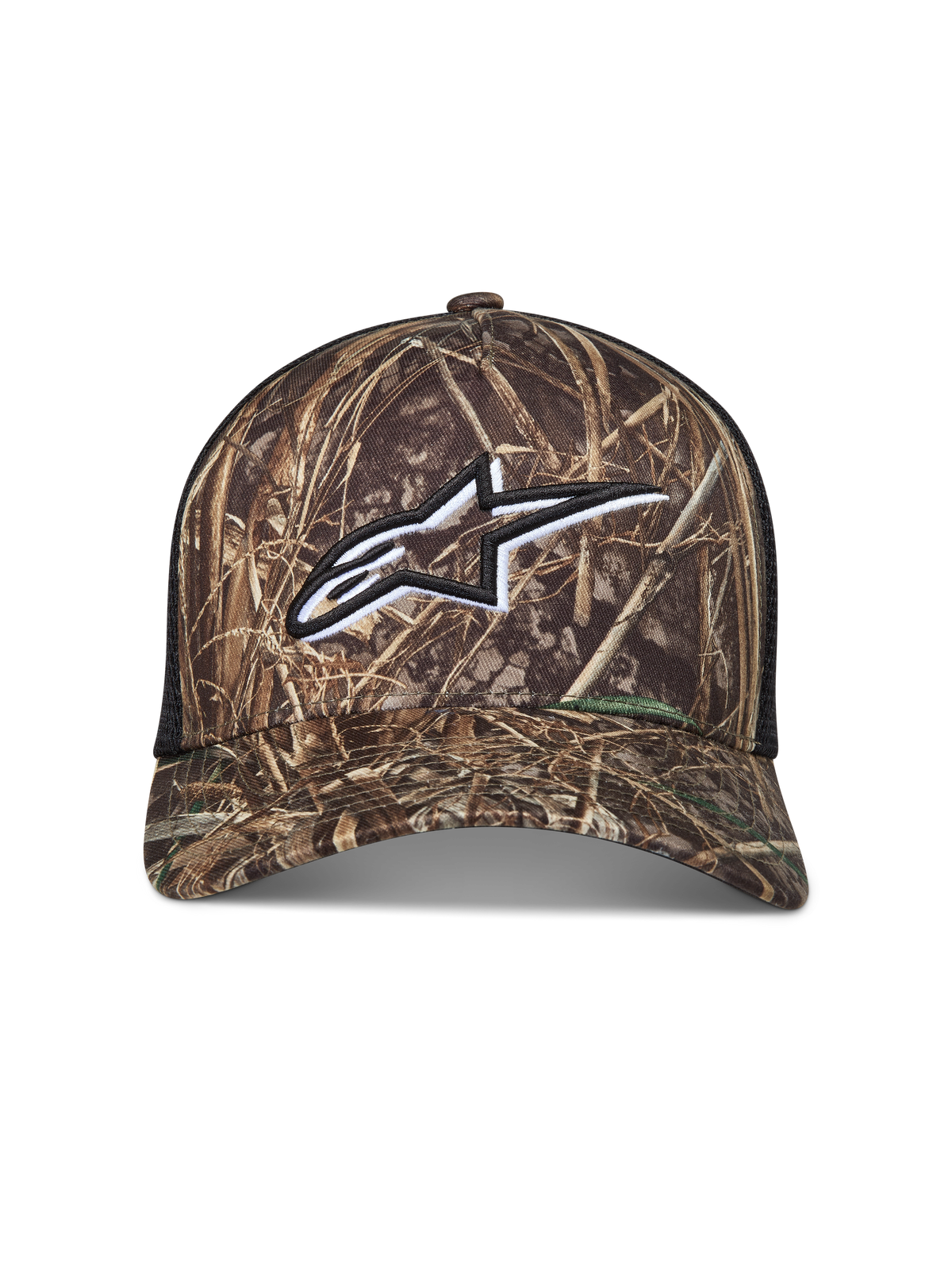 Alpinestars Thicket Realtree Trucker cap, kasket i camouflage og sort med hvidt broderet logo og mesh-bagside.