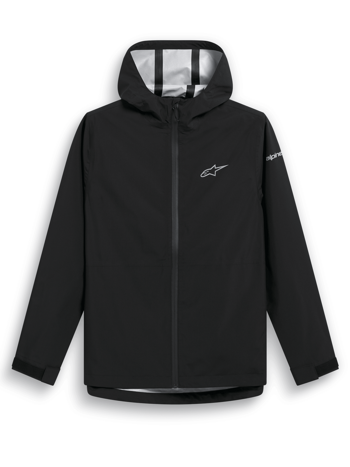 Alpinestars Kascade regnjakke, sort regnjakke, vandafvisende 2.5L stof med tapede sømme, fast hætte, belagt omvendt spiral lynlås, velcro-justering ved manchetter, hvidt Alpinestars stjernelogo på brystet og branding på ærmet, casual udstyr til vådt vejr