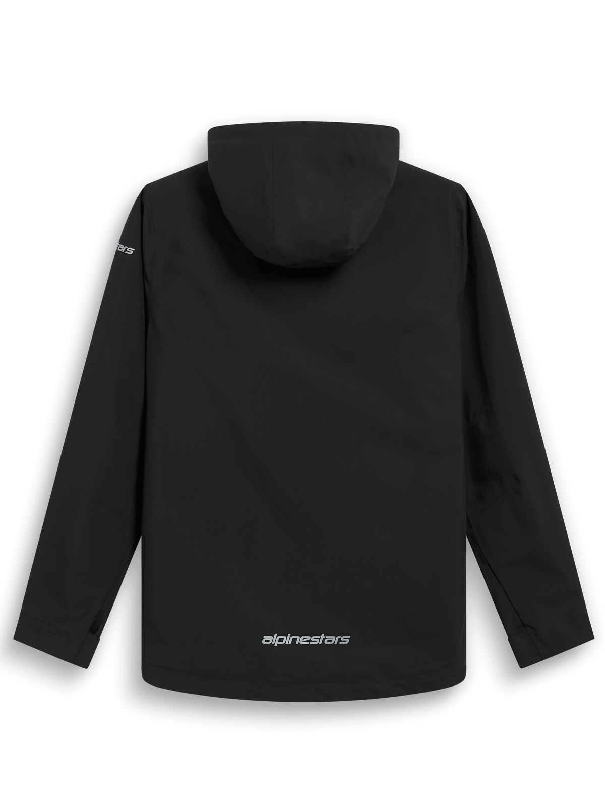 Alpinestars Kascade regnjakke, set bagfra, sort vandafvisende regnjakke, fast hætte, sølvfarvet Alpinestars-logo nederst på ryggen, lange ærmer, performance outdoor- og motorsport-inspireret design