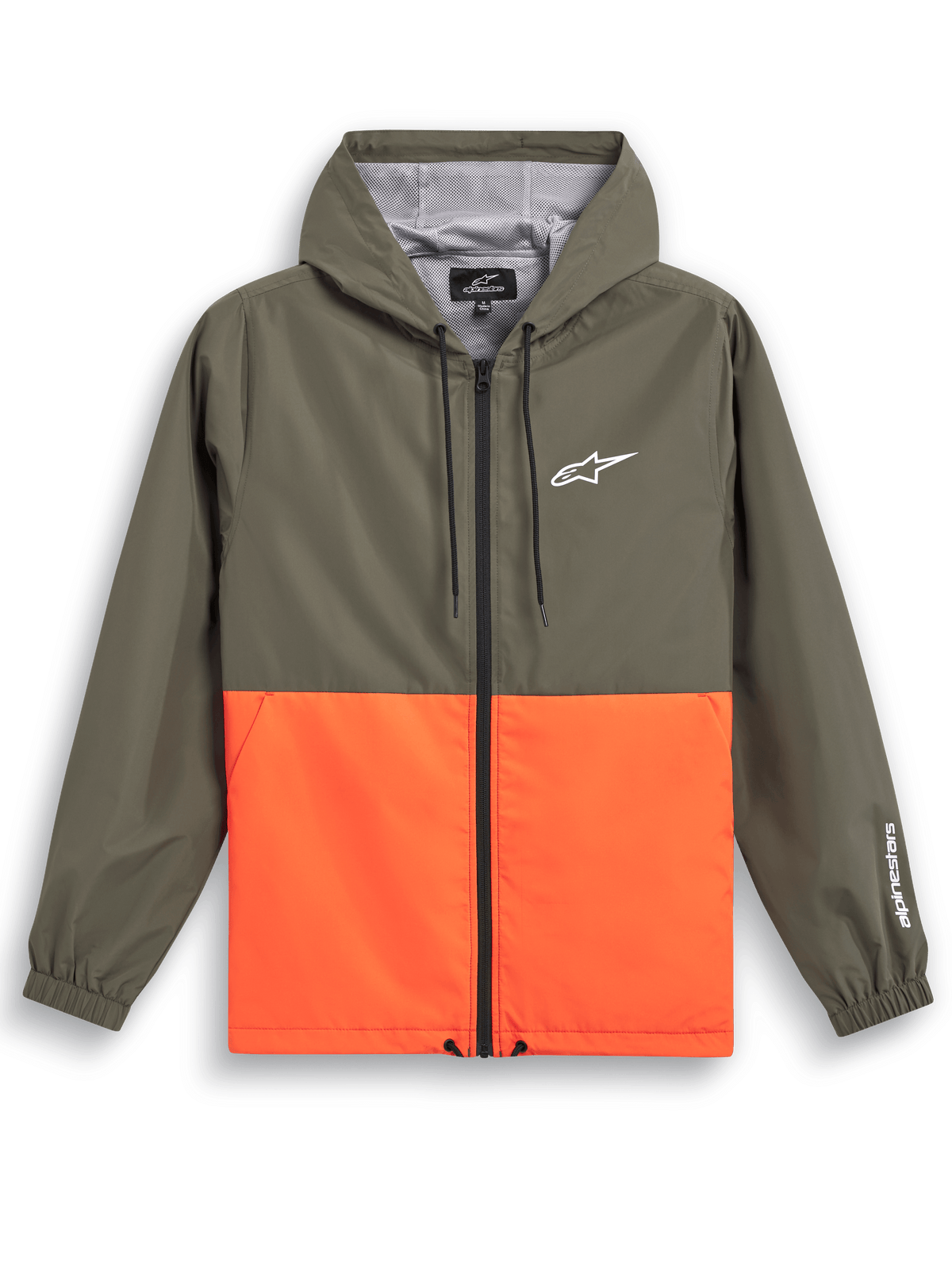 Alpinestars Speeder Windbreaker Jacket, casual sportswear, olive green and vibrant orange color block design, white Astars logo on chest and sleeve, hooded with mesh lining, adjustable drawcords, elastic cuffs