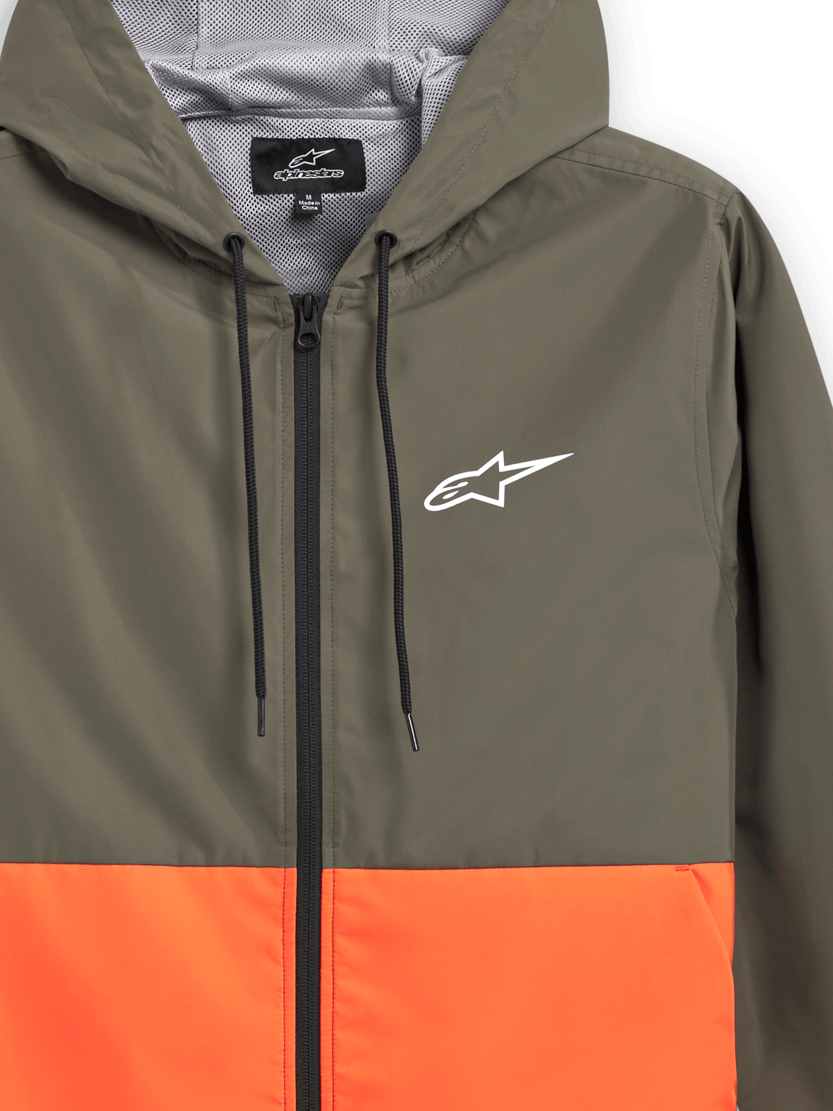 Alpinestars Speeder Windbreaker Jacket, lightweight hooded windbreaker, Military Orange and Green color-blocked design, white Alpinestars logo on chest, mesh-lined hood with black drawcords, casual sportswear