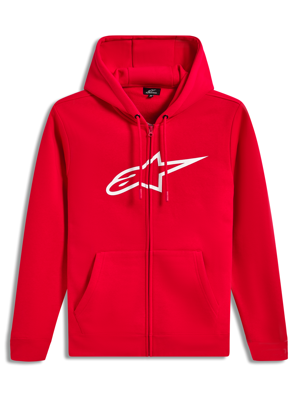 Alpinestars Ageless Zip V3 Hoodie, rød hættetrøje med hvidt logo og lynlås, afslappet sportstøj i fleece.