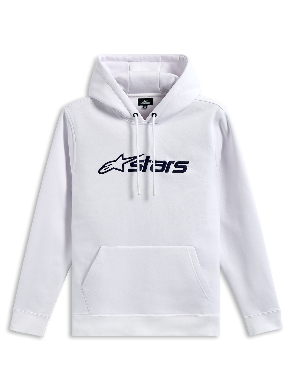 Alpinestars Blaze V3 hættetrøje, pullover fleece-sweatshirt, hvid med mørkeblåt logoprint på fronten, jersey-foret hætte med snøre og kængurulomme, afslappet motorsport-inspireret streetwear