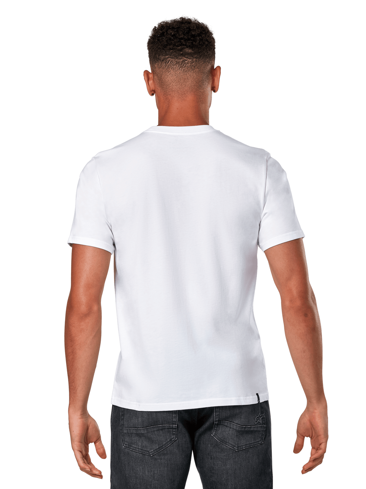 Alpinestars Glyfs CSF Tee, Short Sleeve T-Shirt, White, back view of male model wearing plain white tee and dark denim, casual motorsport streetwear
