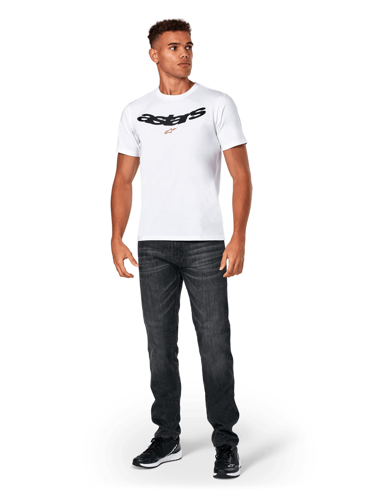 Alpinestars Elliptic CSF Tee, Short Sleeve T-Shirt, White, Black arched Astars logo with orange star symbol, worn by model with black jeans and sneakers, casual motorsport streetwear