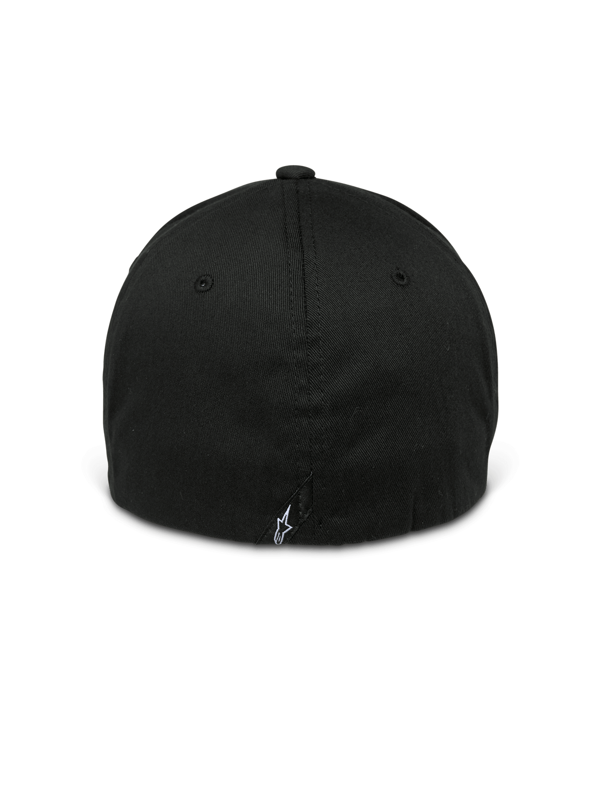 Alpinestars Arcstars kasket, sort, set bagfra, flex-back baseballkasket med et lille hvidt Astars-logo på mærke bagpå, struktureret krone med tonale lufthuller, afslappet motorsport-inspireret hovedbeklædning