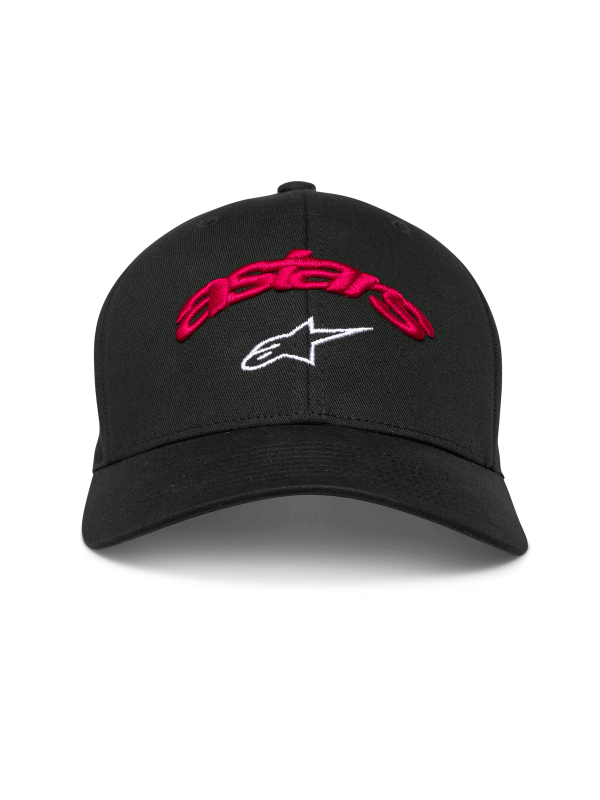 Alpinestars Arcstars kasket, sort baseball-kasket, rødt 3D-broderet astars-skrift og hvidt stjernelogo, kurvet skygge, struktureret krone, afslappet motorsport-hovedbeklædning