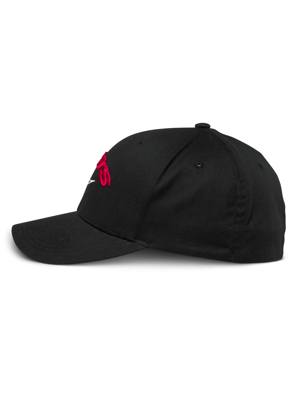 Alpinestars Arcstars kasket, sort baseballkasket, sideprofil, kurvet skygge og struktureret krone, med rødt 3D-broderet logo, afslappet sportstøj
