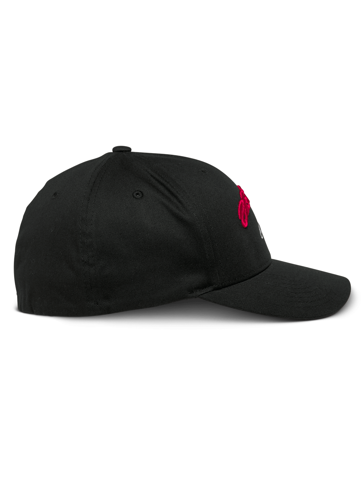Alpinestars Arcstars kasket, sort baseball-kasket, sideprofil, kurvet skygge med struktureret krone, stræk twill-stof, røde og hvide broderidetaljer, afslappet motorsport-inspireret hovedbeklædning