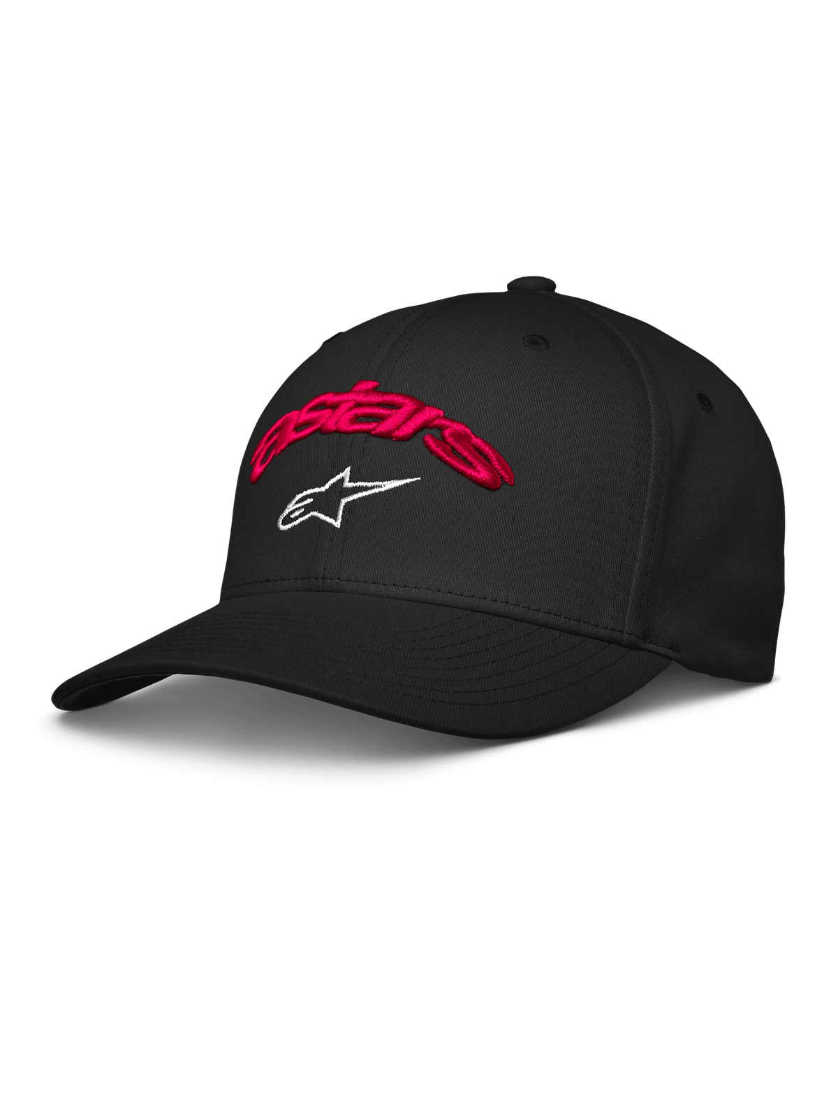Alpinestars Arcstars kasket, sort baseballkasket med rødt 3D-broderet Astars-skrift og hvidt stjerne-logo, buet skygge, struktureret krone, afslappet motorsportstøj