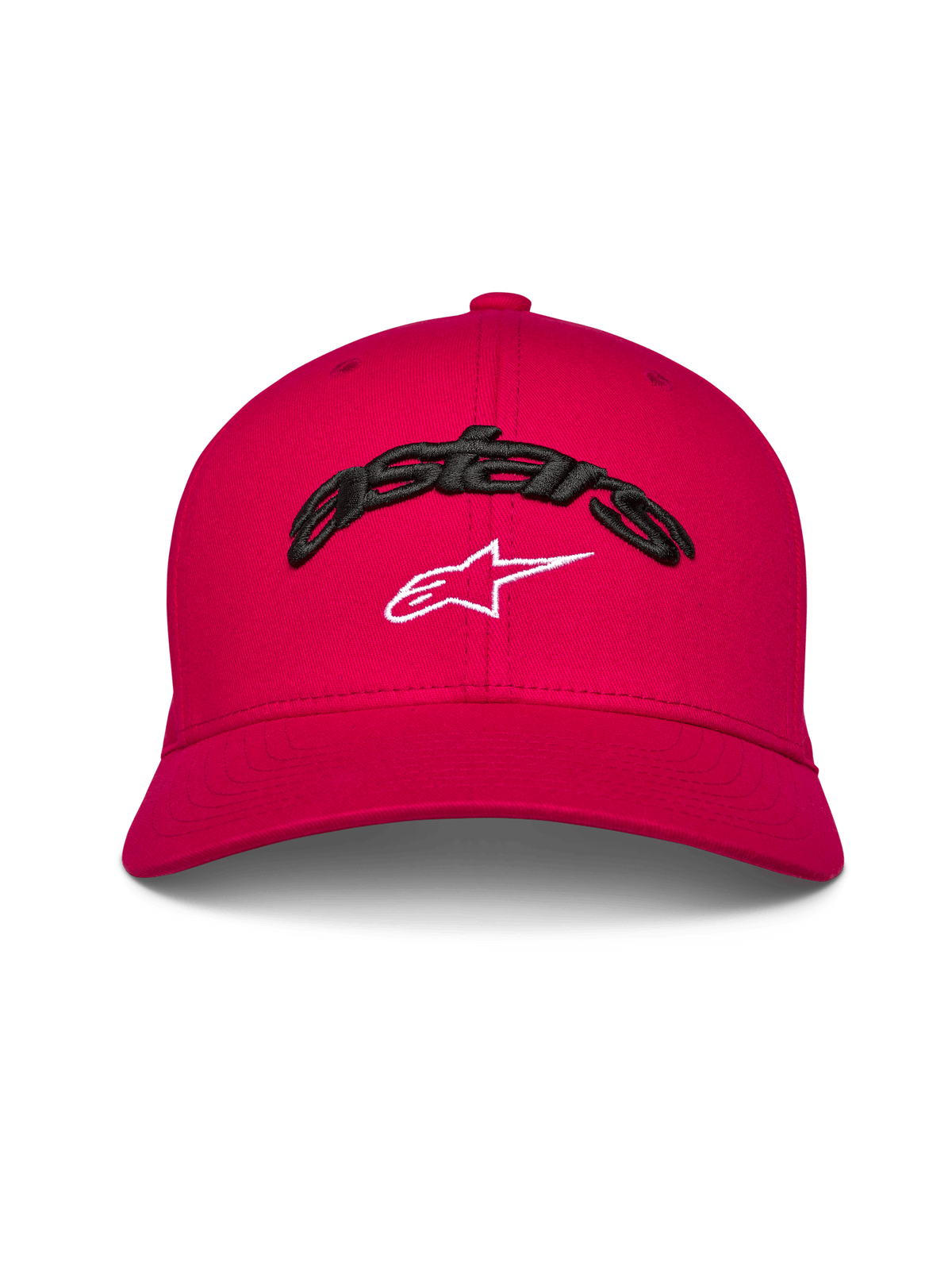 Alpinestars Arcstars kasket, baseballkasket med kurvet skygge, rød, sort 3D-broderet Astars-tekst med hvidt stjernelogo, struktureret krone, afslappet motorsport-inspireret hovedbeklædning