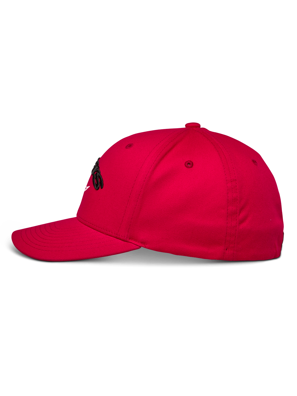 Alpinestars Arcstars kasket, rød baseballkasket, set fra siden, struktureret krone med kurvet skygge, sort 3D Astars-broderi, afslappet motorsport-sportswear