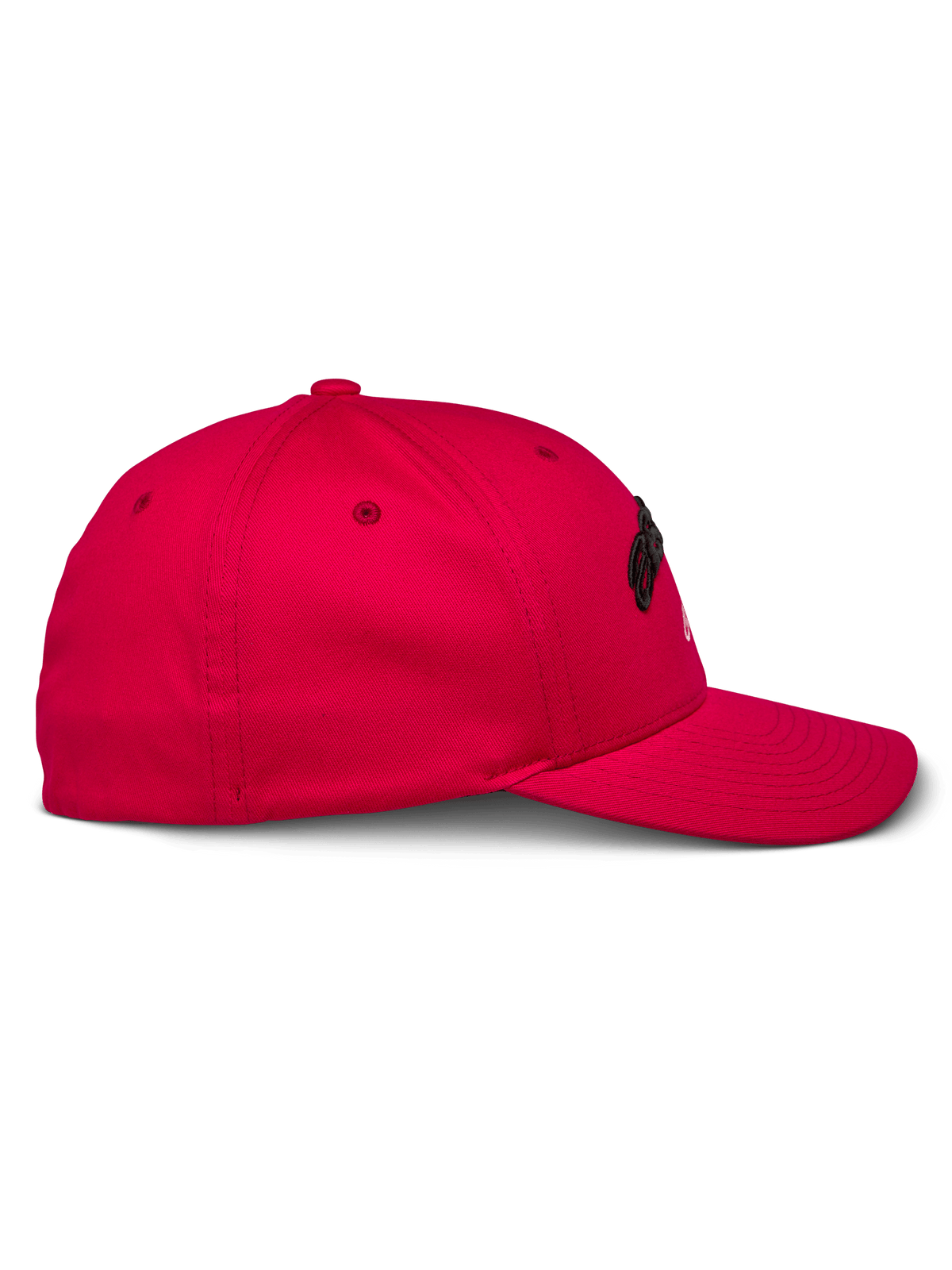 Alpinestars Arcstars kasket, rød, set fra siden, struktureret baseballkasket med kurvet skygge, stræk-twill-stof, sort 3D-broderi, afslappet sportstøj