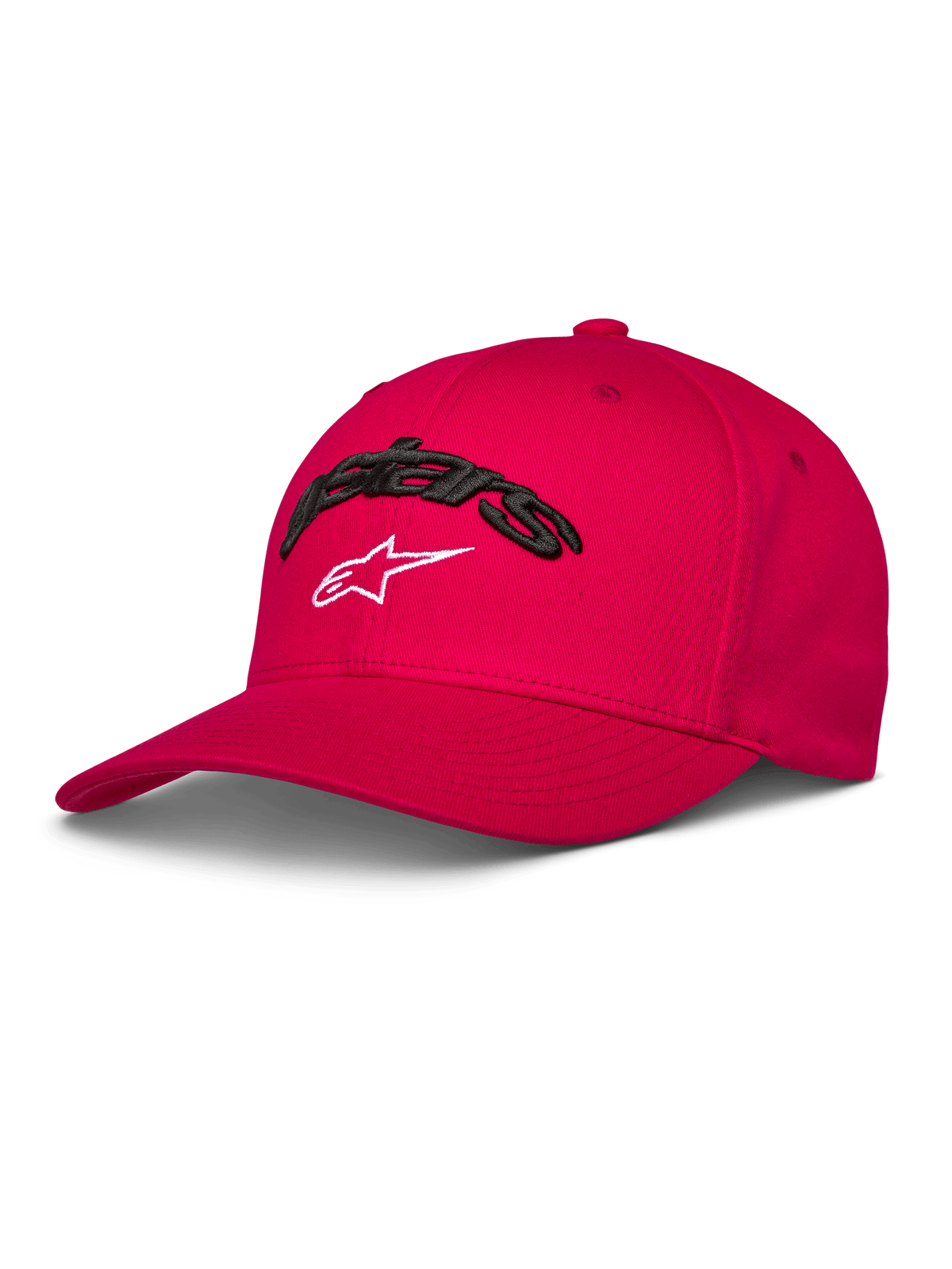 Alpinestars Arcstars kasket, rød baseballcap, buet skygge og struktureret krone, sort 3D Astars-broderi med hvidt stjerne-logo, afslappet motorsport-sportswear