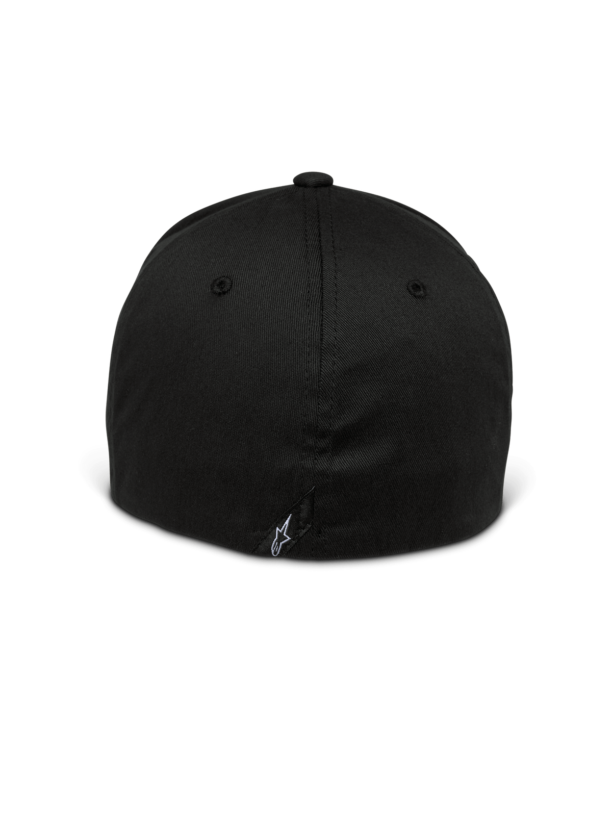 Alpinestars Setting kasket, flex back-kasket, sort, set bagfra med lukket flex-design, lille hvidt broderet stjernelogo på den nederste søm, struktureret krone med stræk twill-stof