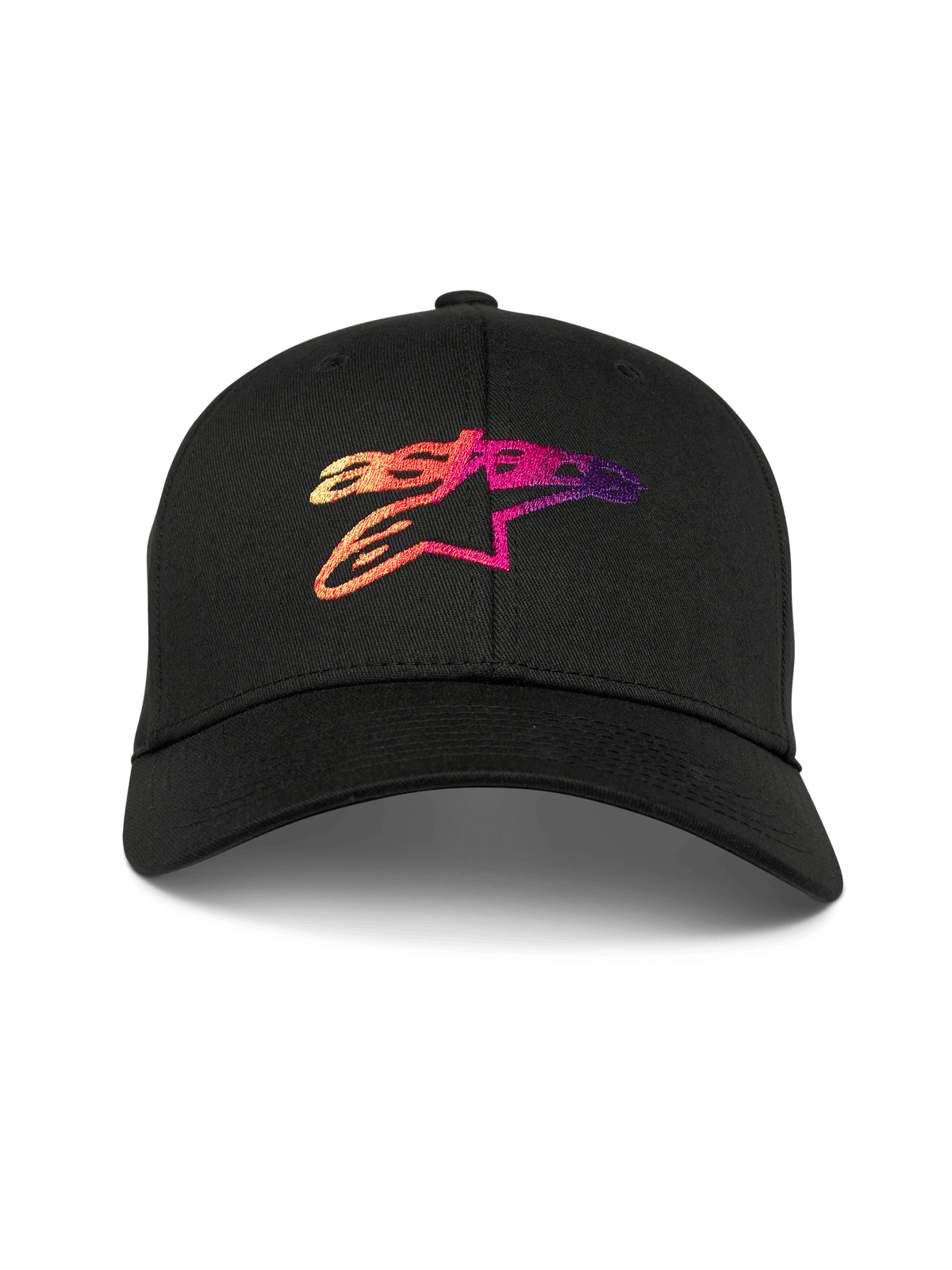 Alpinestars Setting Kasket, sort baseballkasket med kurvet skygge, 3D gradation broderet Astar-logo med orange, lyserøde og lilla toner, struktureret krone, afslappet motorsport sportstøj