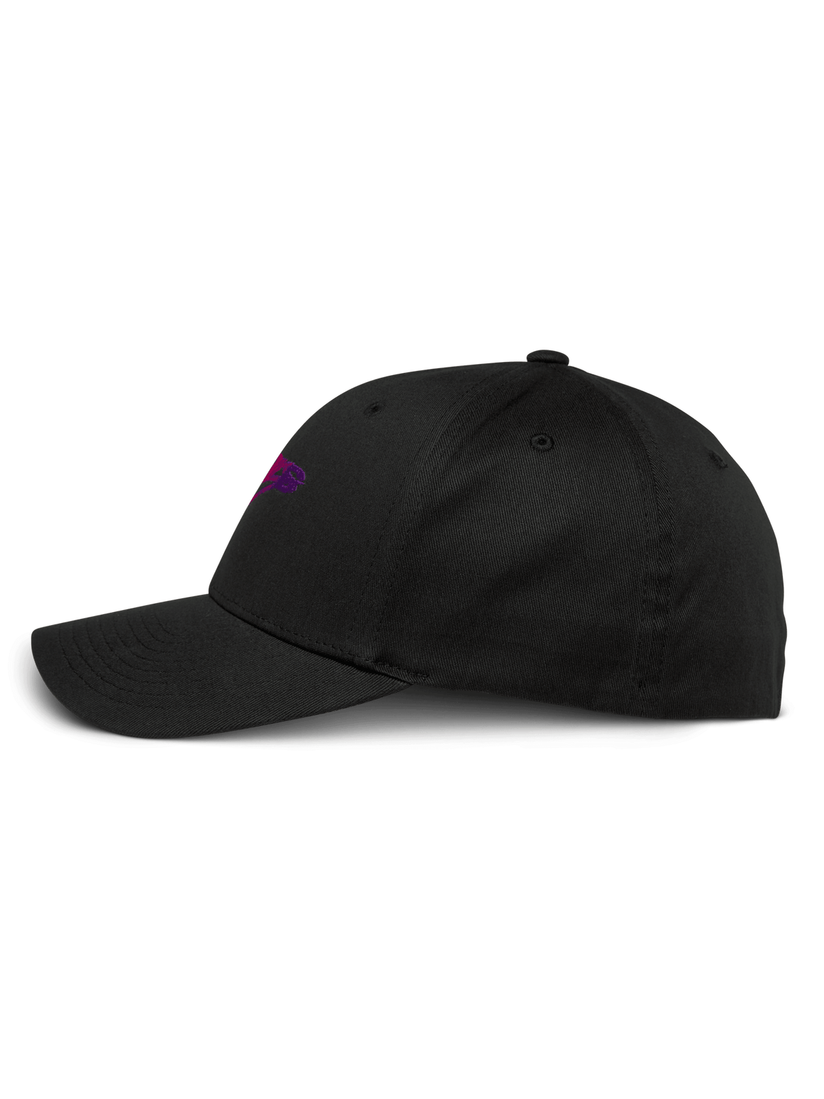Alpinestars Setting kasket, sort, set fra siden, kurvet skygge med struktureret krone, lilla 3D-gradient broderet logo, afslappet baseball-kasket i stræk-twill