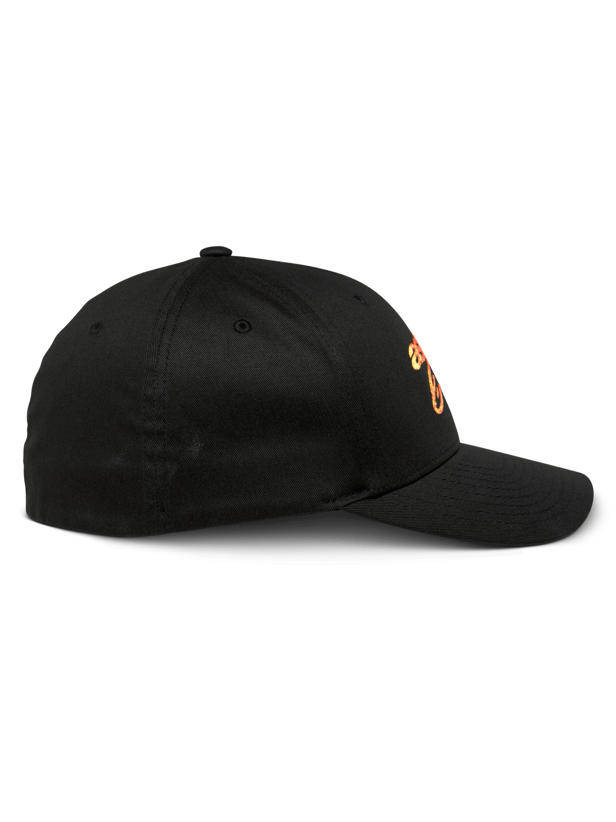 Alpinestars Setting kasket, sort baseball-kasket, sideprofil med kurvet skygge og struktureret krone, med orange gradueret broderet logo, afslappet sportstøj