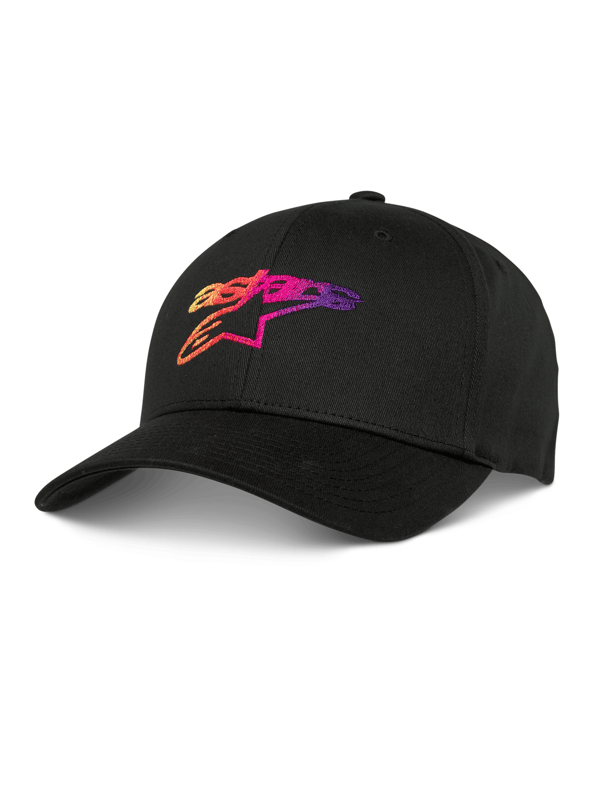 Alpinestars Setting Kasket, sort baseballkasket med 3D-gradueret broderet logo i orange, pink og lilla, buet skygge, struktureret krone, casual lifestyle-hovedbeklædning