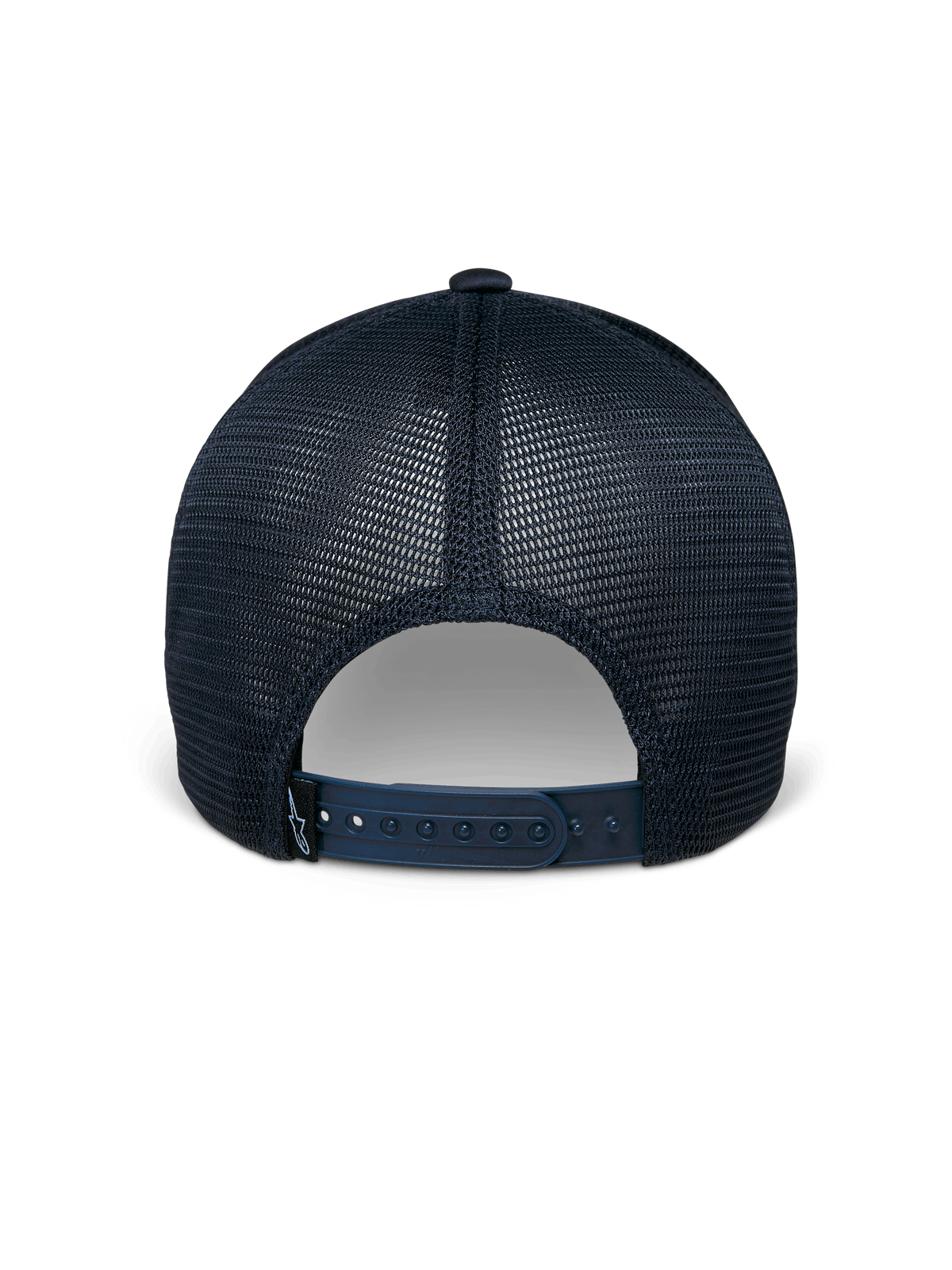 Alpinestars Delane Hat, Navy Blue, Back View, featuring breathable diamond mesh panels, adjustable snapback closure with small logo label, casual performance sportswear