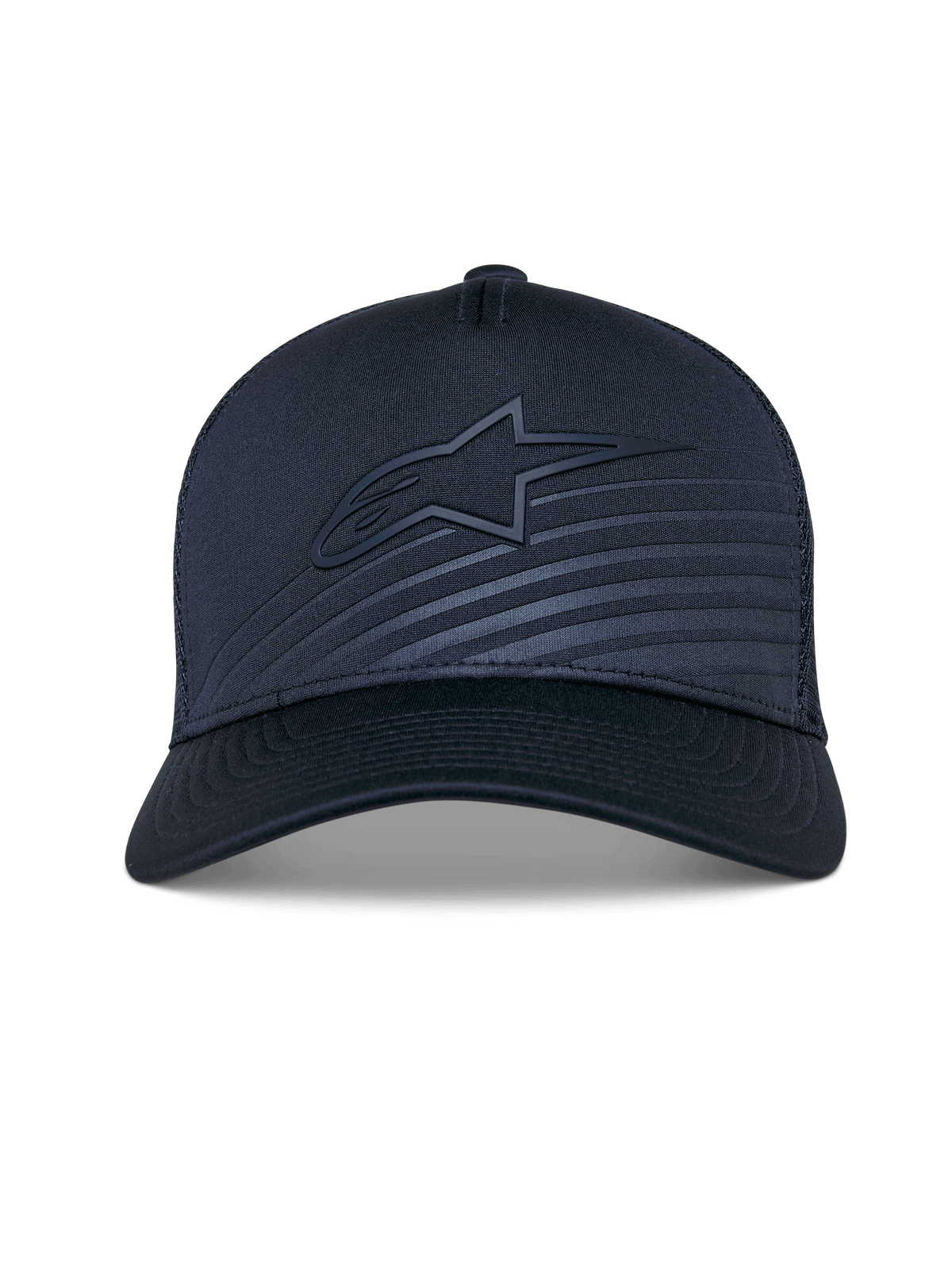 Alpinestars Delane Hat, Structured Baseball Cap, Navy Blue, curved bill with tonal Alpinestars logo and reflective transfer patch, mesh back for ventilation, performance sportswear accessory