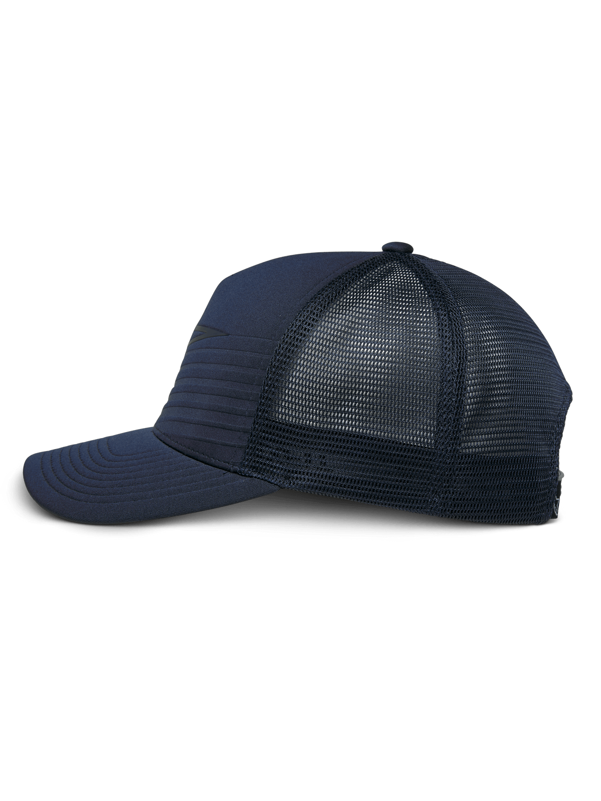 Alpinestars Delane Hat, Navy Blue, side profile of a structured baseball-style cap with a curved bill, featuring a hybrid jersey front with horizontal stitching and a diamond mesh back, casual performance sportswear.