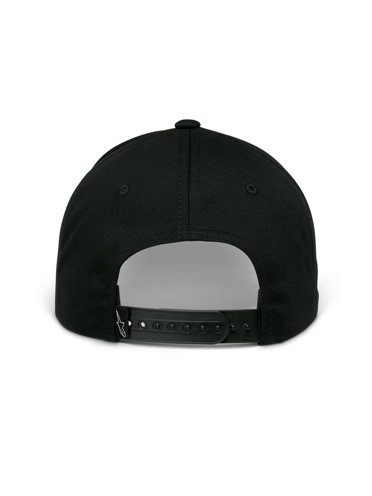 Alpinestars Profile kasket, sort, set bagfra med justerbar snapback-lukning, struktureret krone og lille hvidt broderet logo på den bagerste rem, afslappet sportstøj