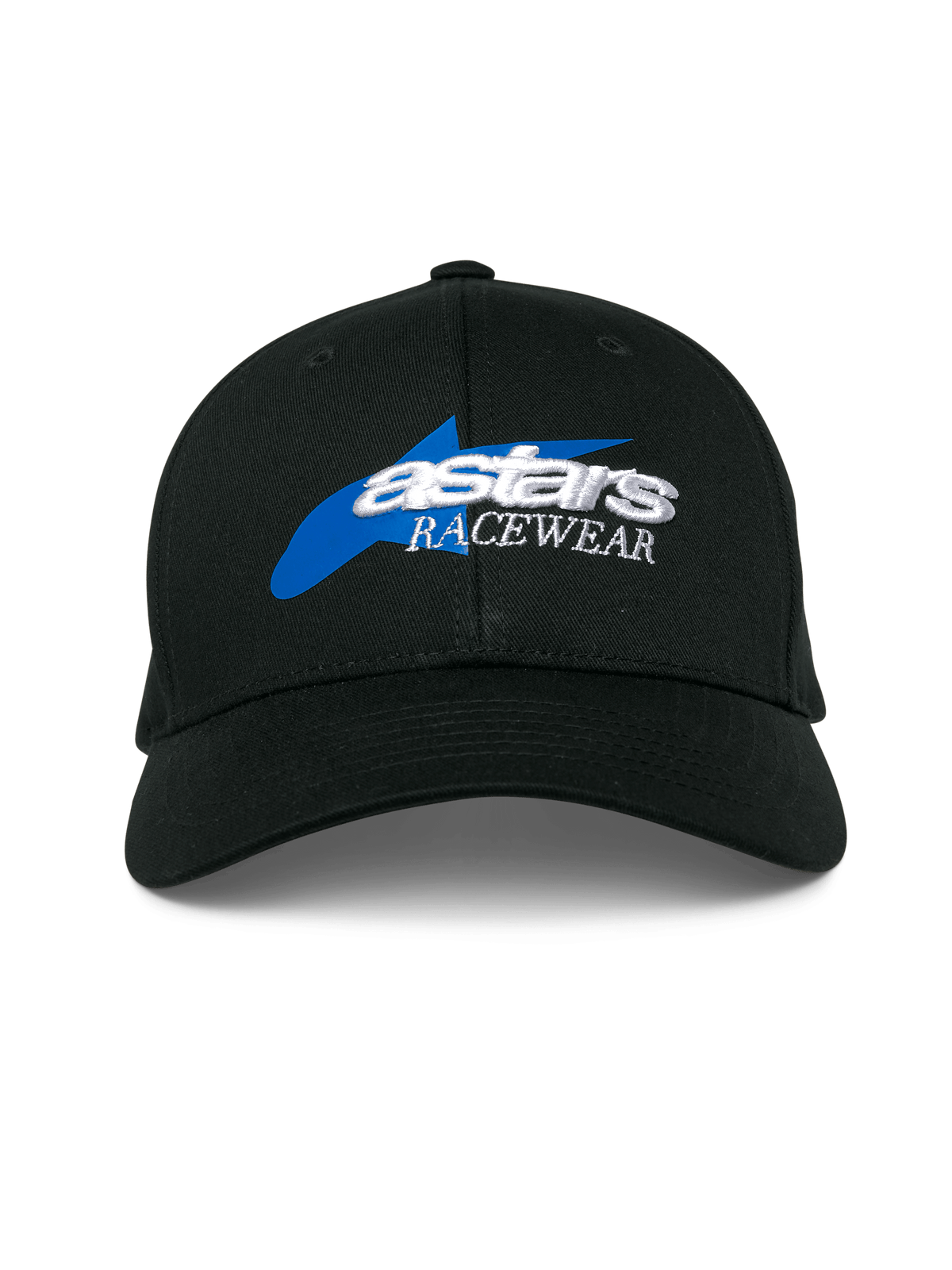 Alpinestars Profile Hat, sort baseballkasket med blå stjernegrafik og hvidt 3D-broderet 'astars RACEWEAR'-logo, struktureret krone og buet skygge, afslappet motorsporthovedbeklædning