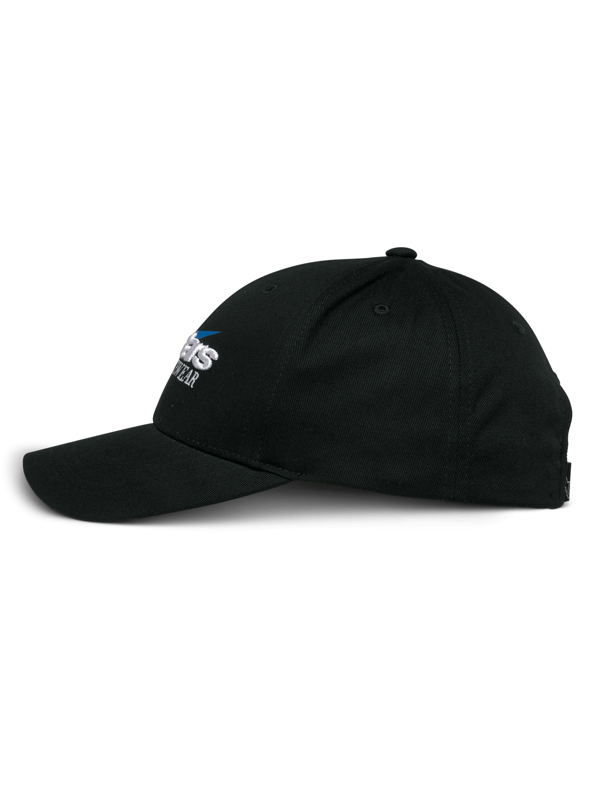 Alpinestars Profile kasket, snapback kasket, sort, set fra siden, struktureret krone med buet skygge, broderet Alpinestars-logo, afslappet motorsport-inspireret hovedbeklædning