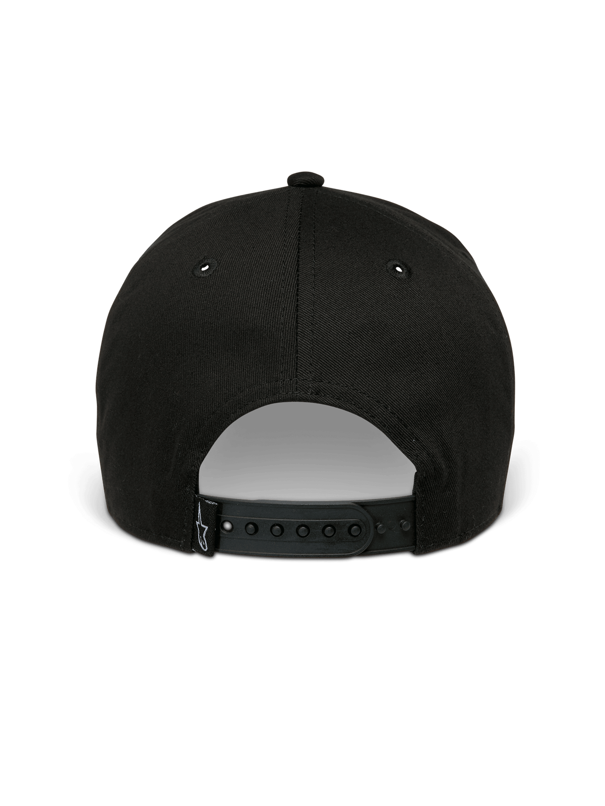Alpinestars Canyon kasket, sort snapback kasket, set bagfra med justerbar snap-lukning og lille vævet Astars-logolabel, 100% bomuldstwill-materiale, afslappet motorsport-inspireret hovedbeklædning