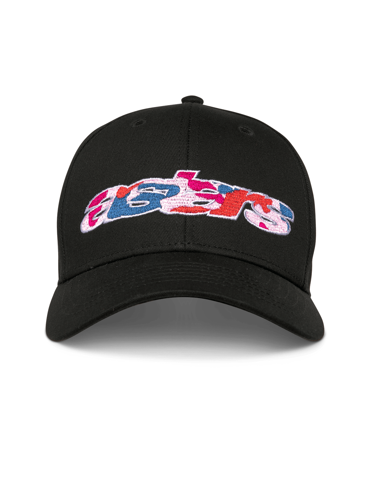 Alpinestars Canyon kasket, sort snapback baseballkasket, kurvet skygge og struktureret krone, Astars-logo på fronten med camo-fyld broderi, afslappet sportstøj