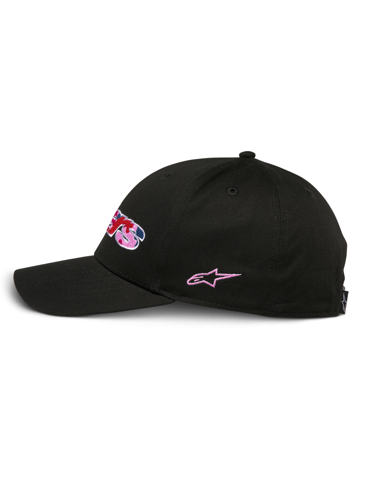 Alpinestars Canyon kasket, sort snapback kasket, profilvisning fra siden, struktureret krone med kurvet skygge, broderet logo på fronten med camo-fyld og lyserøde accenter, lyserødt stjernebroderi på siden, afslappet motorsport-stil