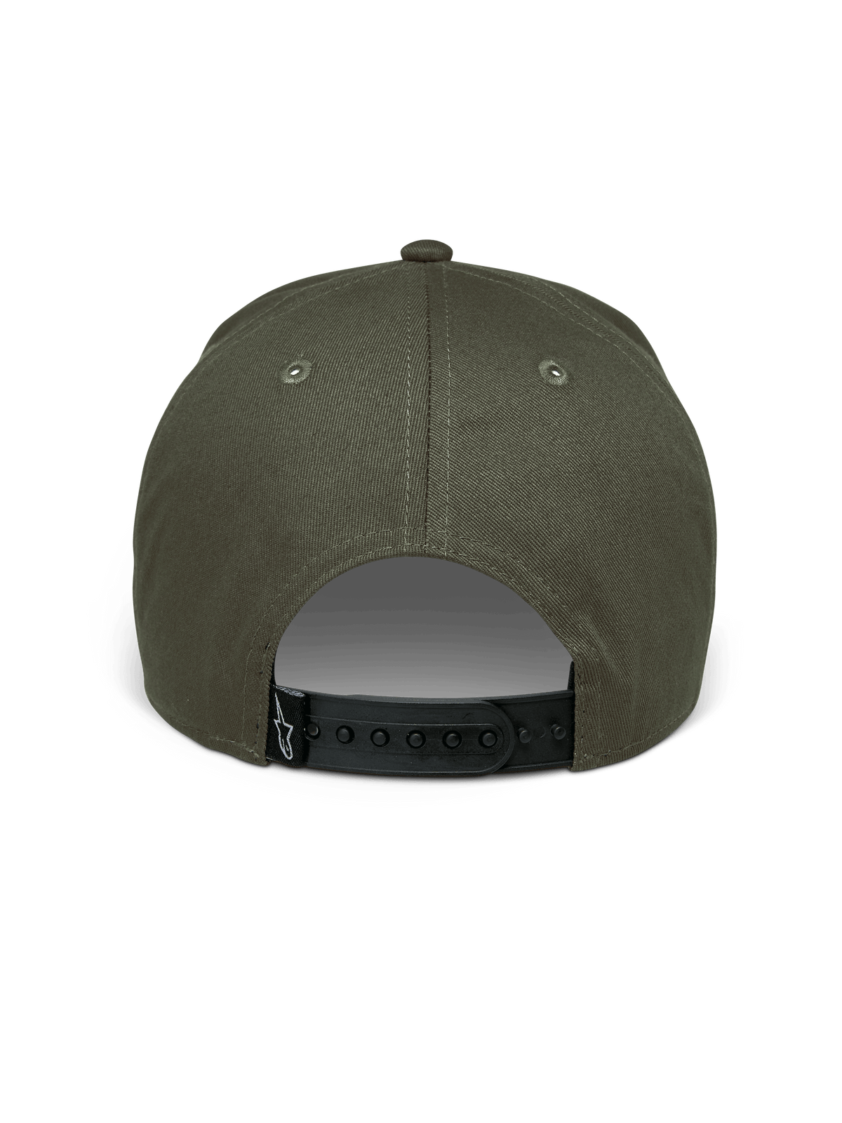 Alpinestars Canyon kasket, militærgrøn, set bagfra med justerbar sort snapback-lukning, struktureret krone i bomuldstwill, lille sort vævet label med hvidt Astars-logo, afslappet motorsport-hovedbeklædning