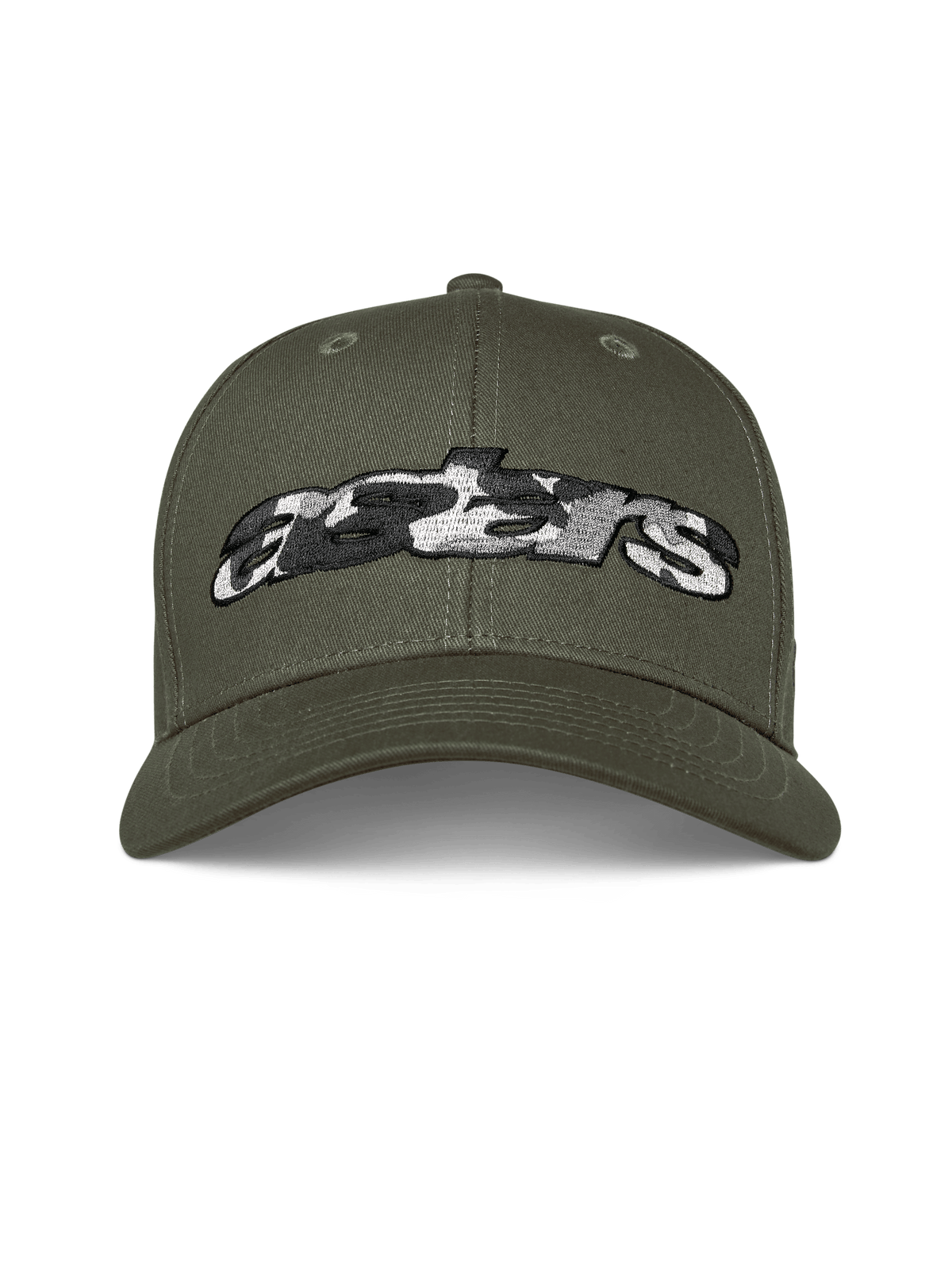 Alpinestars Canyon kasket, militærgrøn, snapback-kasket med buet skygge, broderet Astars-logo på forsiden med camouflage-fyld, afslappet motorsport-streetwear