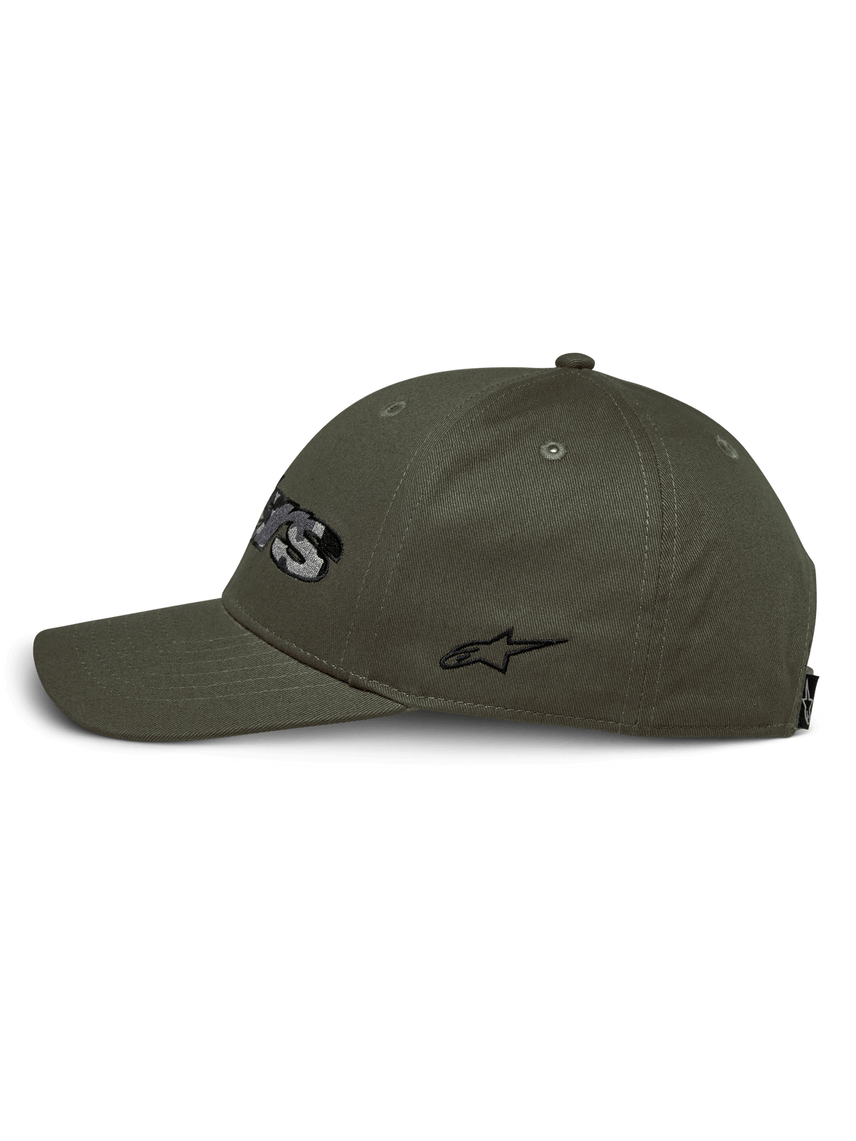 Alpinestars Canyon kasket, set fra siden, militærgrøn, kurvet skygge med struktureret krone, bomuldstwill, sort broderet sidelogo, casual motorsport-streetwear