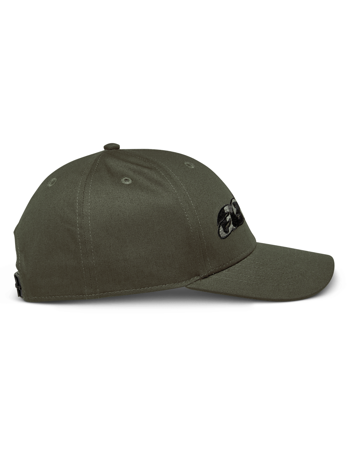 Alpinestars Canyon kasket, set fra siden, militærgrøn, struktureret krone med kurvet skygge, broderet Astars-logo med camouflage-fyld, afslappet motorsport-inspireret streetwear