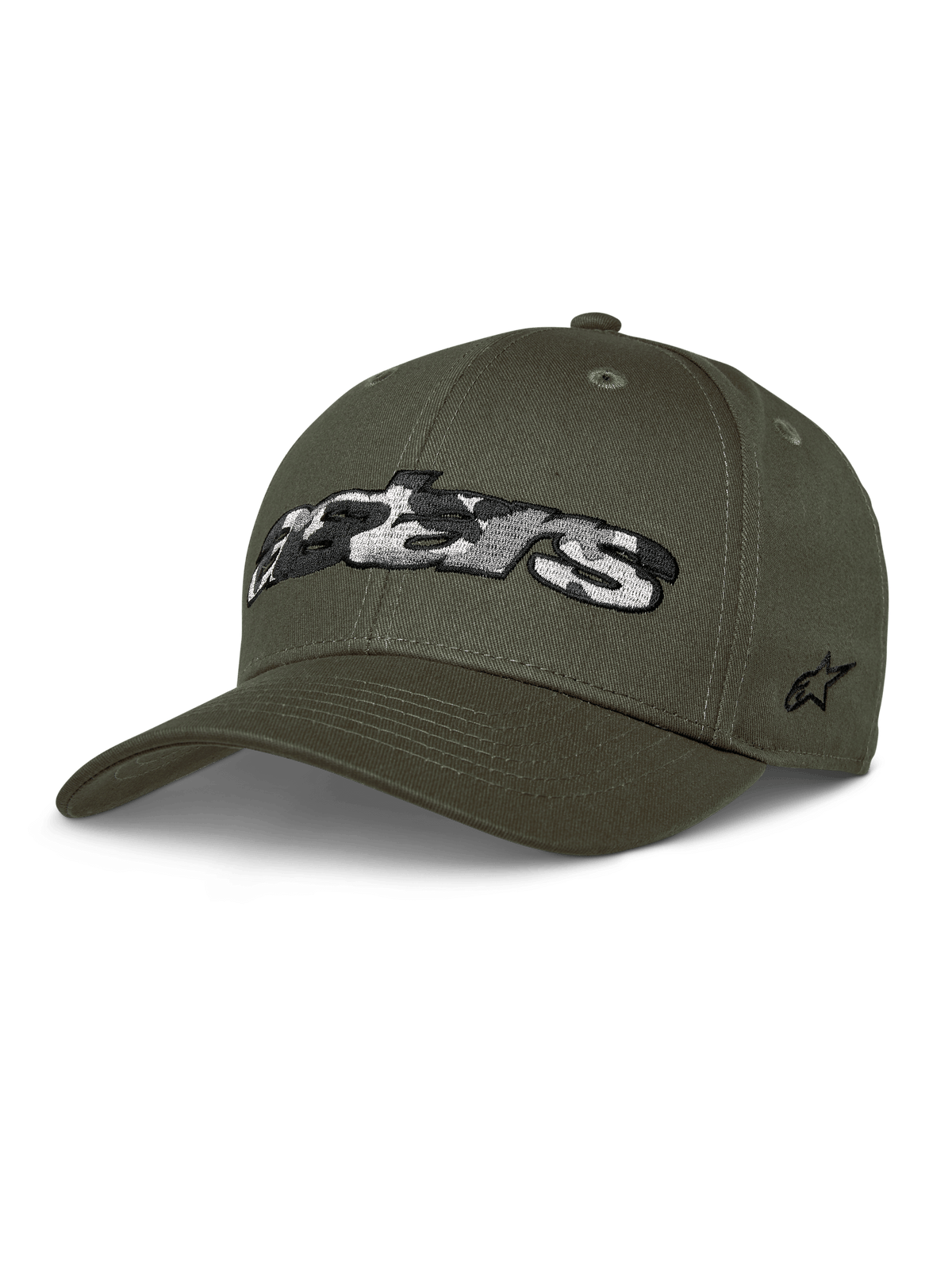 Alpinestars Canyon kasket, militærgrøn baseballkasket, struktureret krone med buet skygge, stort Astars-logo med camouflage-fyld på forsiden, stjernebroderi på siden, afslappet motorsportstil