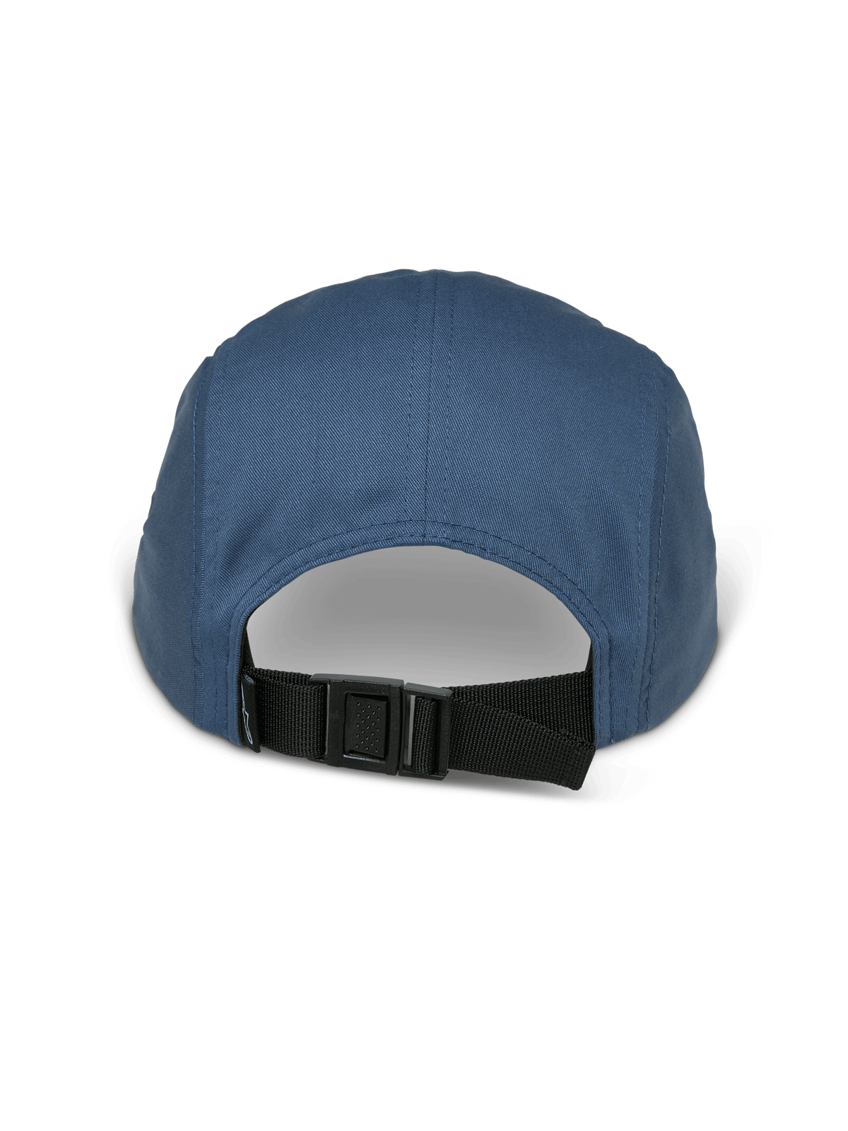 Alpinestars Peasy Hat, 5-panel jockey hat, Blue, back view showing adjustable black clip buckle strap and unstructured crown, twill fabric, casual motorsport-inspired streetwear