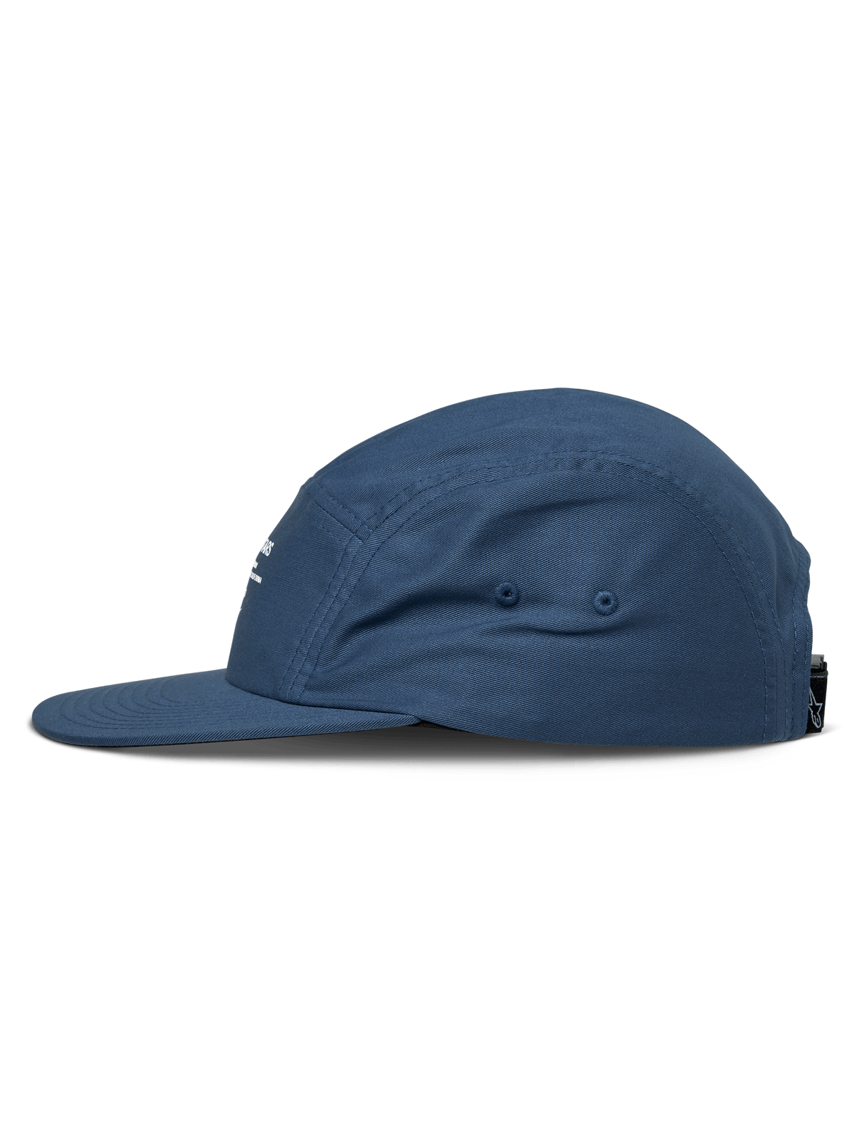 Alpinestars Peasy Hat, 5-panel jockey hat, Blue, side profile view, flat bill, unstructured crown, twill fabric, casual motorsport-inspired headwear
