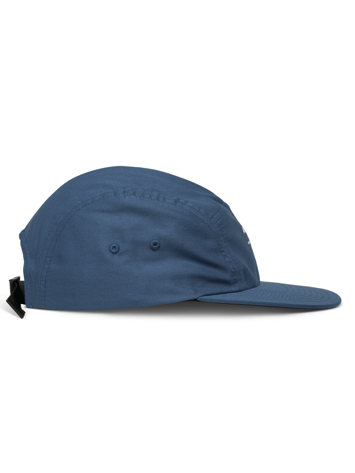 Alpinestars Peasy Hat, 5-panel jockey hat, Blue, side view showing flat bill and unstructured crown, twill fabric with ventilation eyelets, clip buckle strapback, casual sportswear