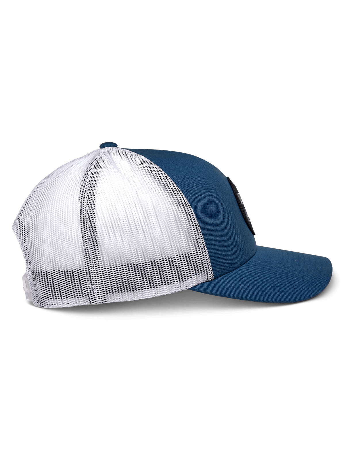 Alpinestars Gambit Trucker Hat, Blue and White, side profile view, curved bill with structured crown, blue twill front panels and white poly mesh back, casual motorsport-inspired headwear