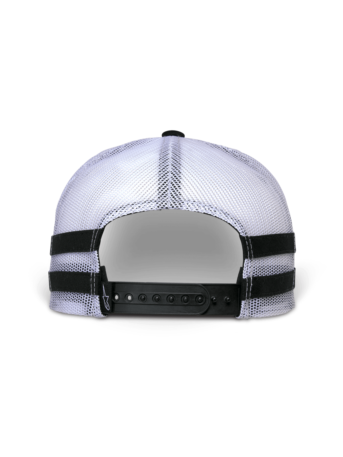 Alpinestars Backline Trucker Hat, set bagfra, hvid mesh-bagside med sort snapback-lukning, horisontale sorte applique-striber på siderne, afslappet motorsport streetwear-stil