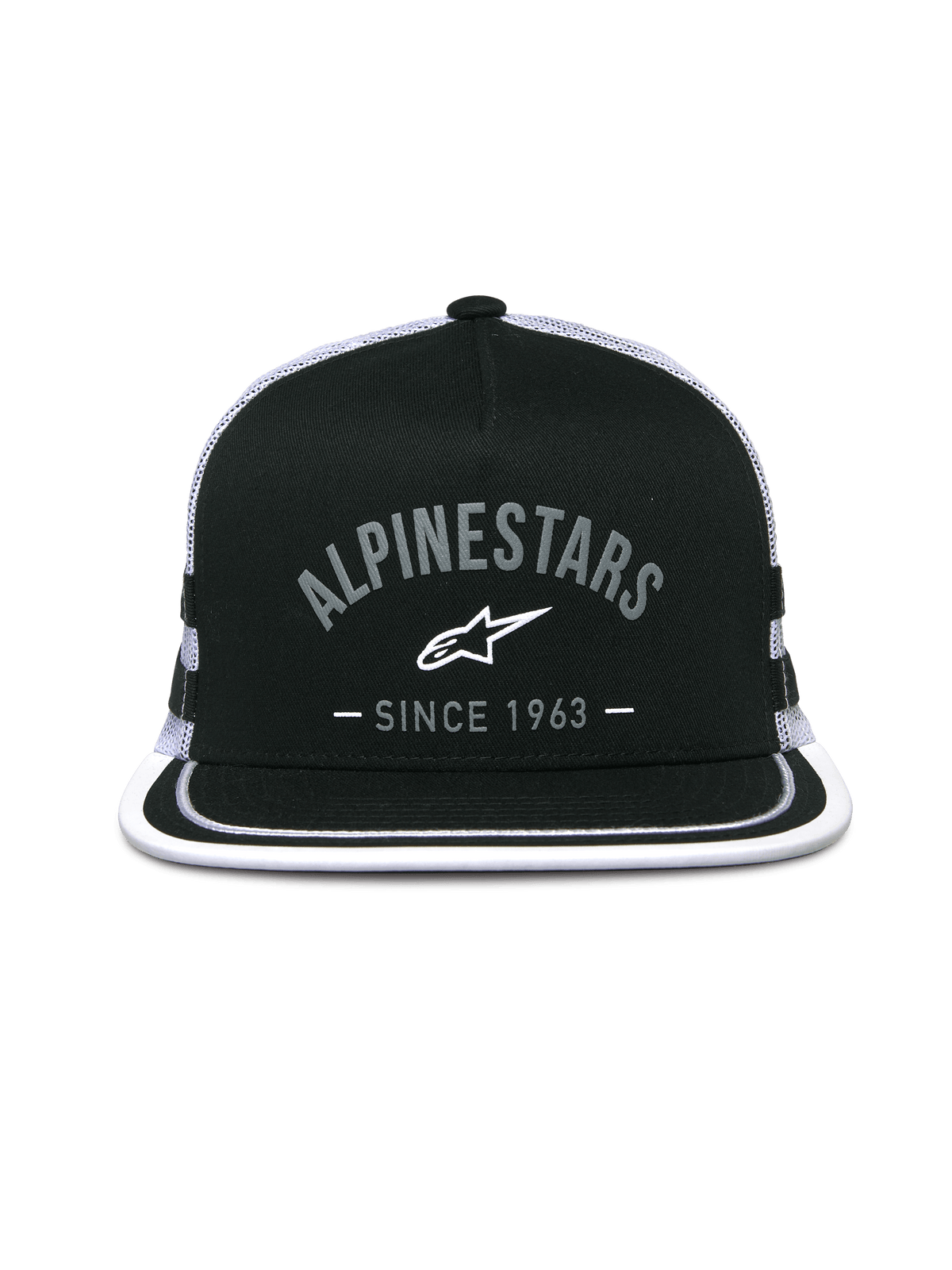 Alpinestars Backline Trucker-kasket, trucker-cap, sort og hvid, logografik på fronten med 'Alpinestars Since 1963', flad skygge med hvid kant, struktureret krone og mesh-bagside