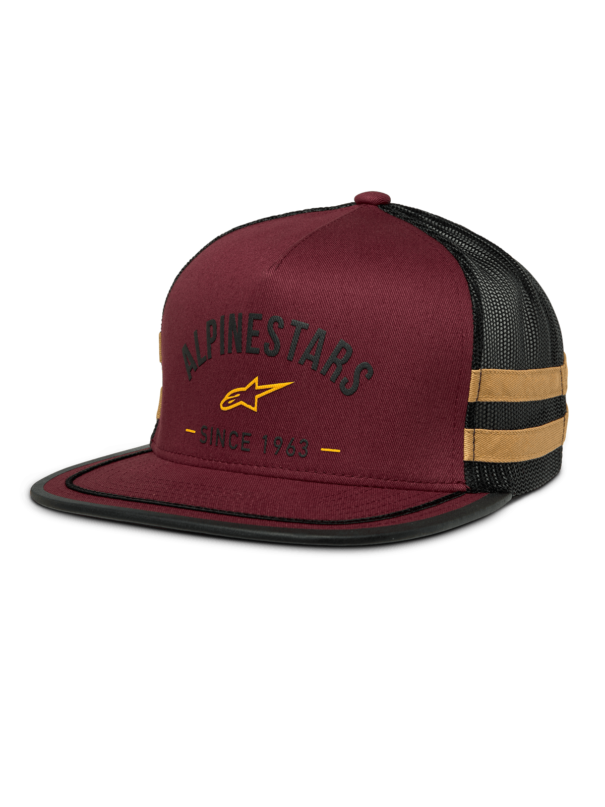 Alpinestars Backline Trucker Hat, Brick and Black Mesh Cap, Yellow Star Logo and 'Since 1963' Heritage Graphic, Structured Crown with Flat Bill, Mustard Yellow Side Stripes