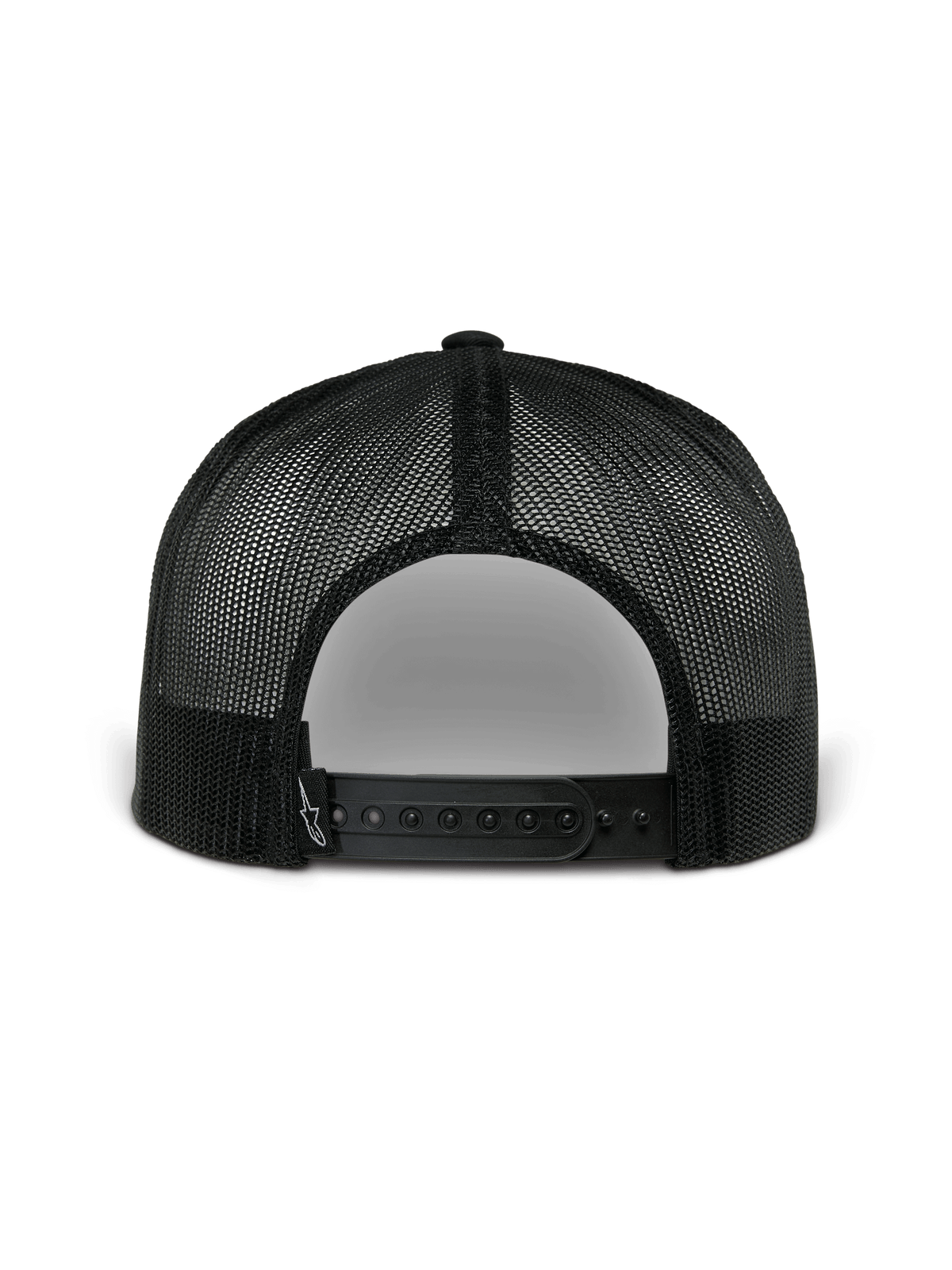 Alpinestars Orion Trucker Hat, back view, Navy and Black, featuring black poly mesh and snapback closure, casual motorsport-inspired headwear