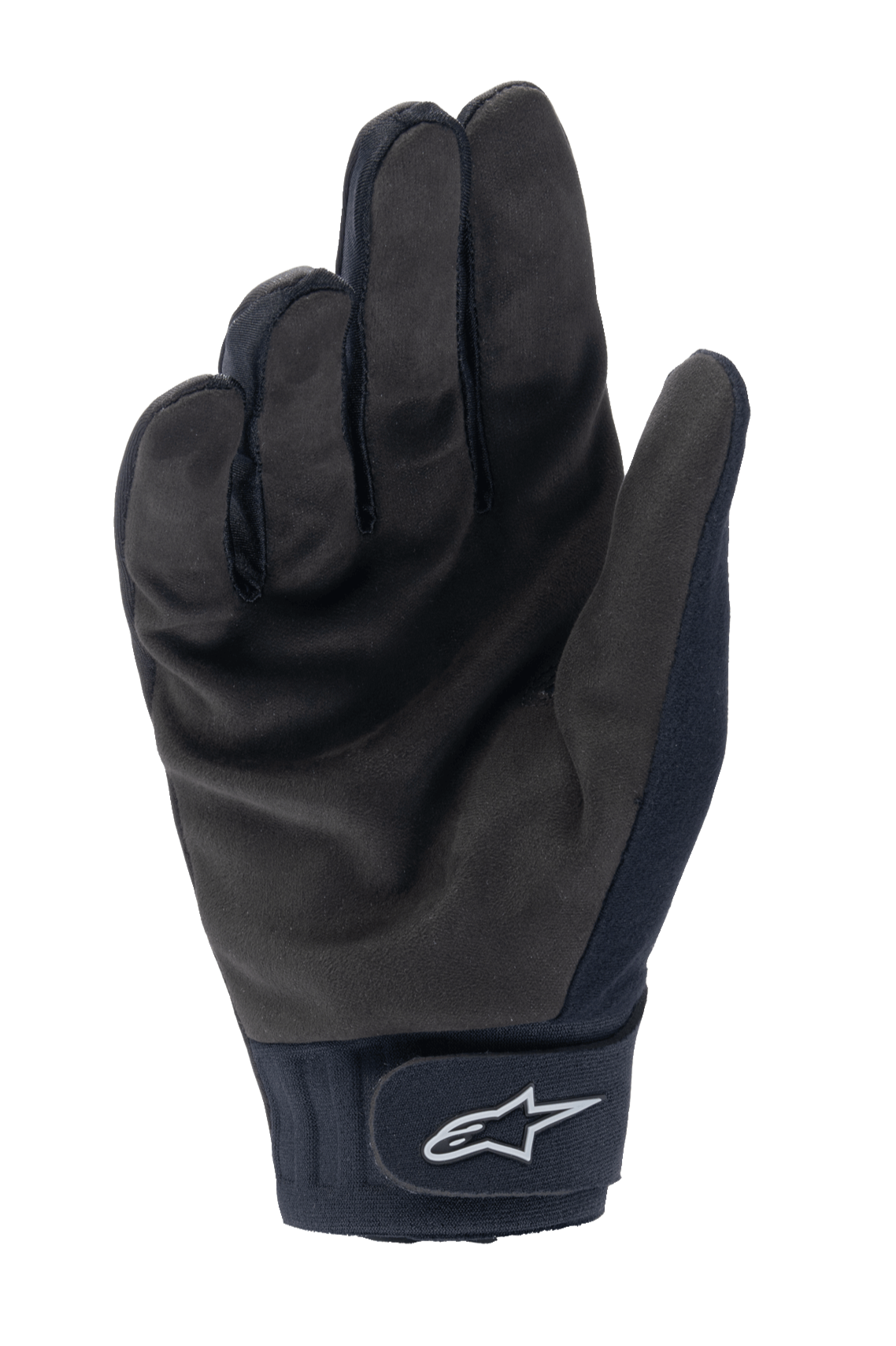 Alpinestars A-Dura Thermal Gloves, Black MTB Cycling Gloves, palm view showing durable synthetic suede and hook-and-loop wrist closure with white Alpinestars logo, thermal cycling gear for cold weather