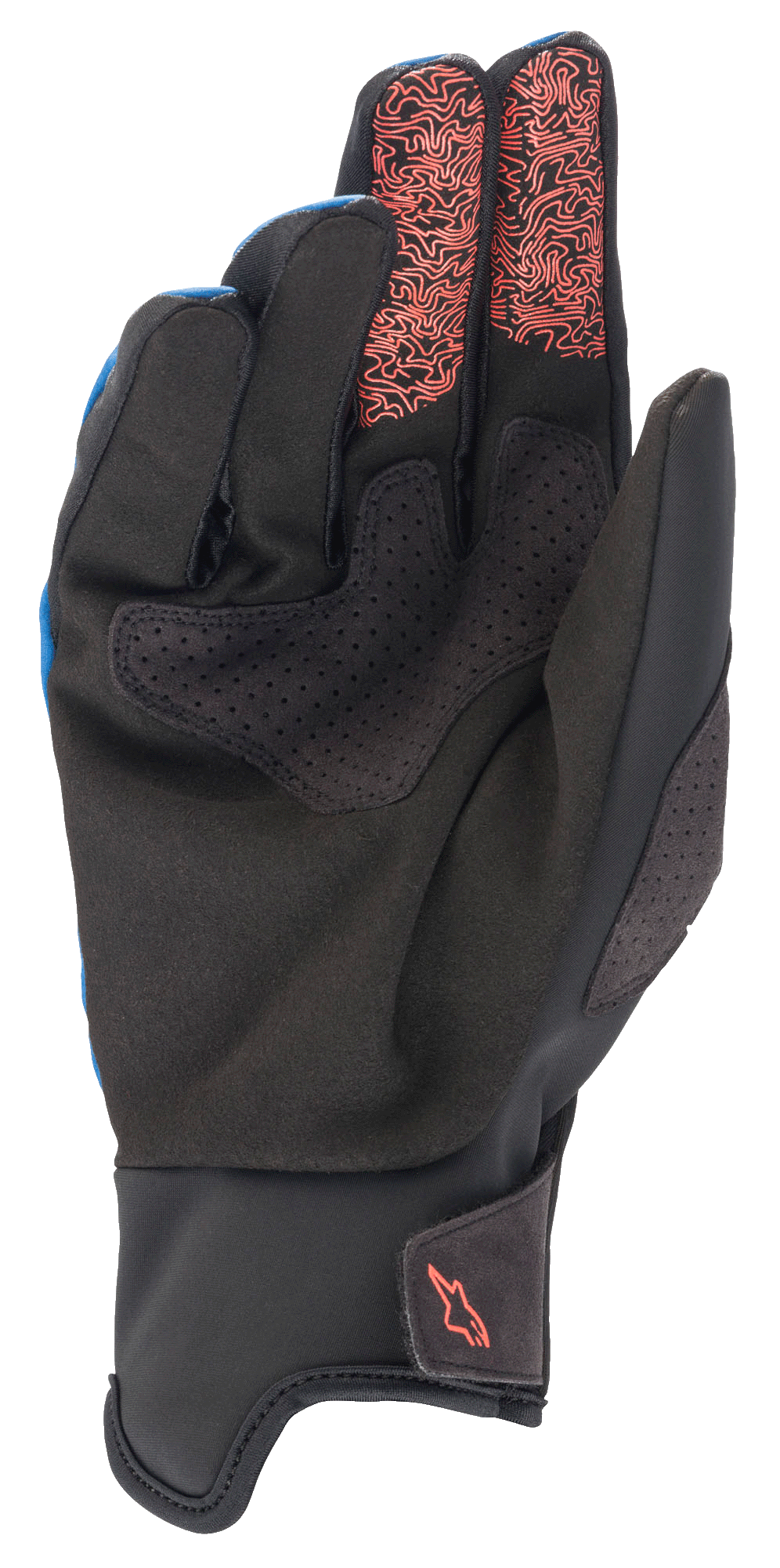 Alpinestars Denali 2 Gloves, MTB Gloves, Mid Blue Black Coral Fluo, palm view showing black Clarino synthetic leather with perforated details, coral fluo topographic patterns on the index and middle fingertips, and a small coral logo on the cuff.